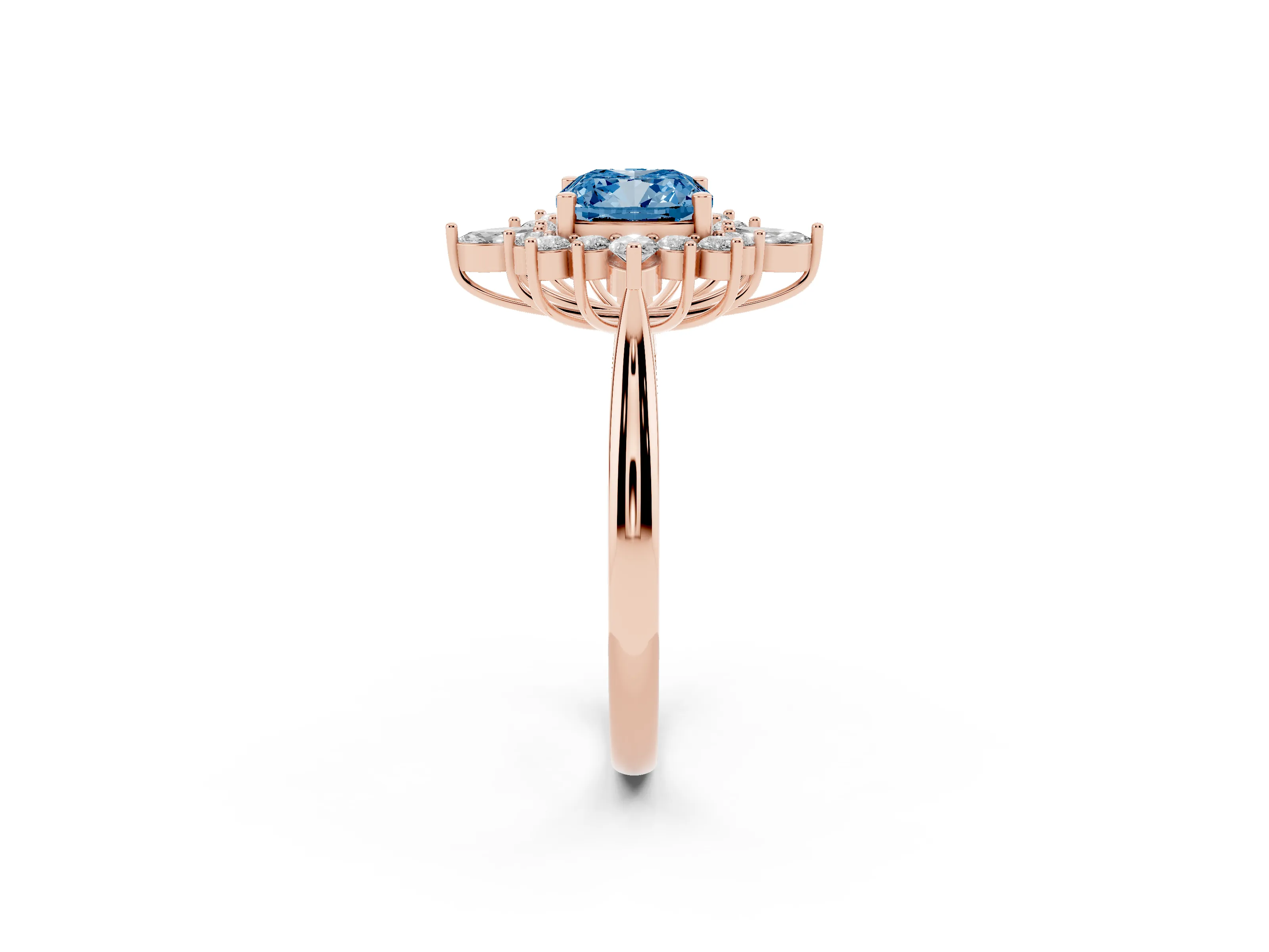 Fancy Blue Cushion Cut Diamond Cluster Halo Ring Set in Rose gold with Marquise and Round Accents