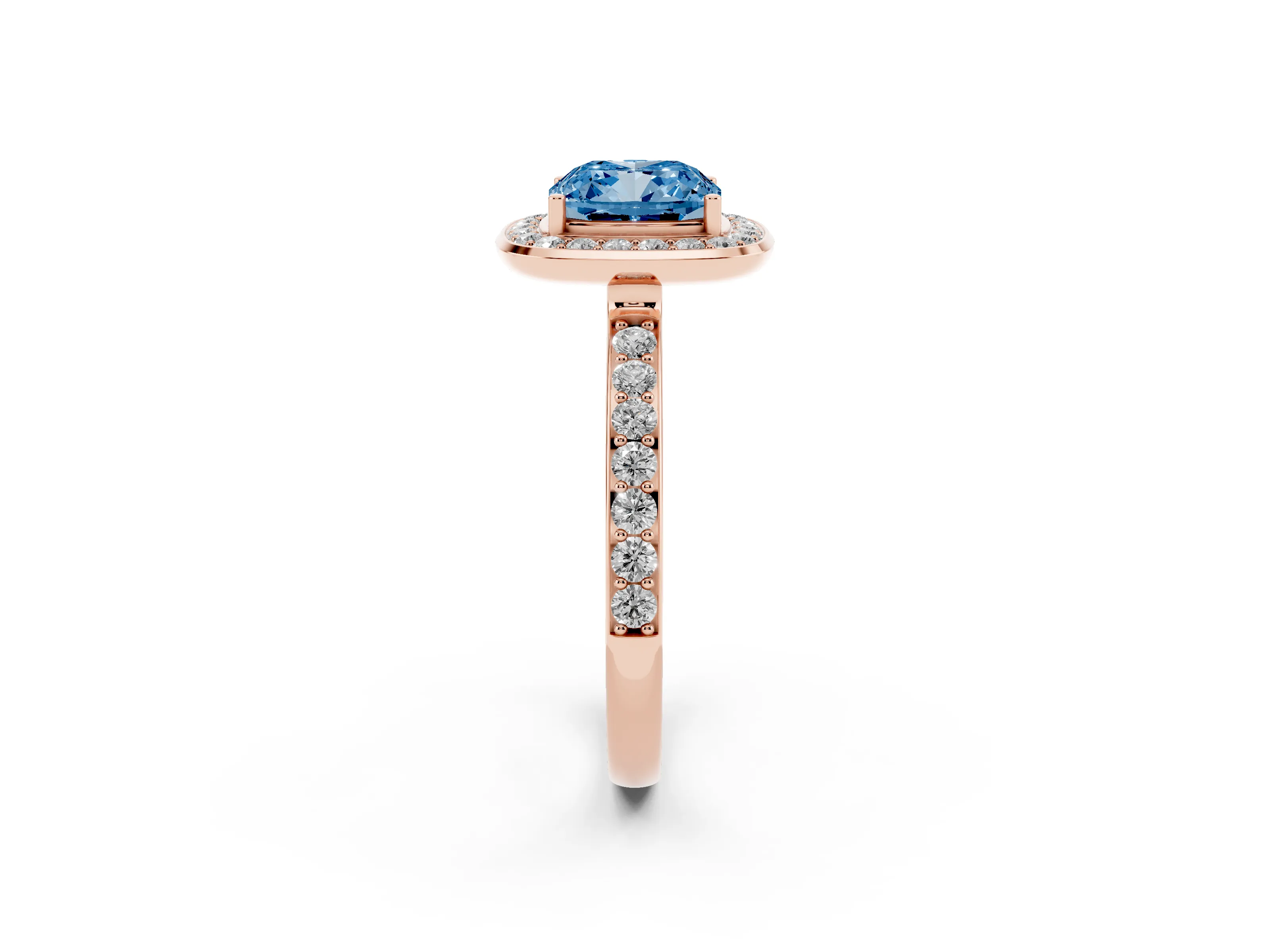 Fancy Blue Cushion Cut Diamond Halo Ring Set in Rose gold with Bezel Frame and Pavé Band