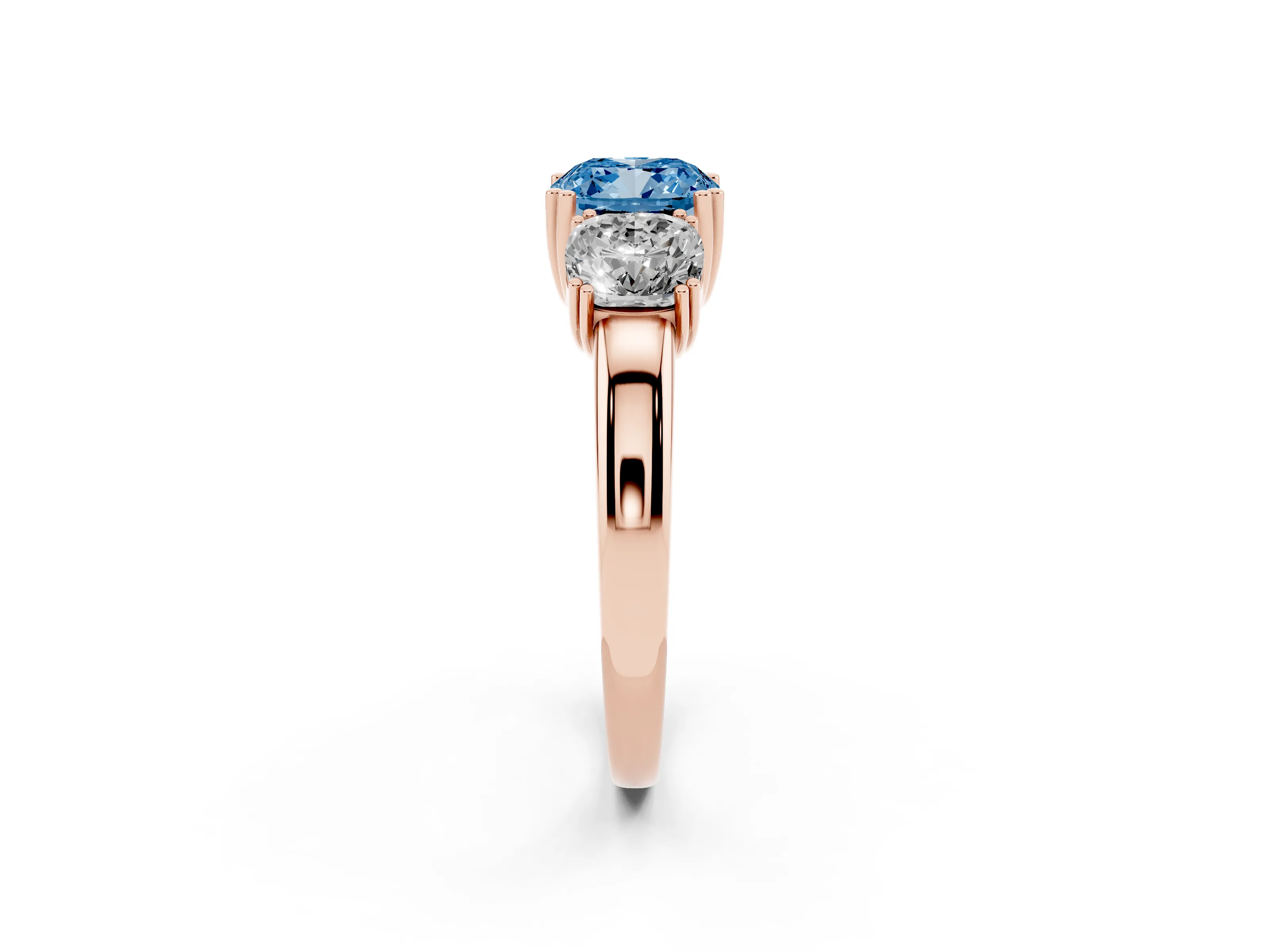 Fancy Blue Cushion Cut Diamond Three-Stone Ring Set in Rose gold with Polished Band and Prong Setting