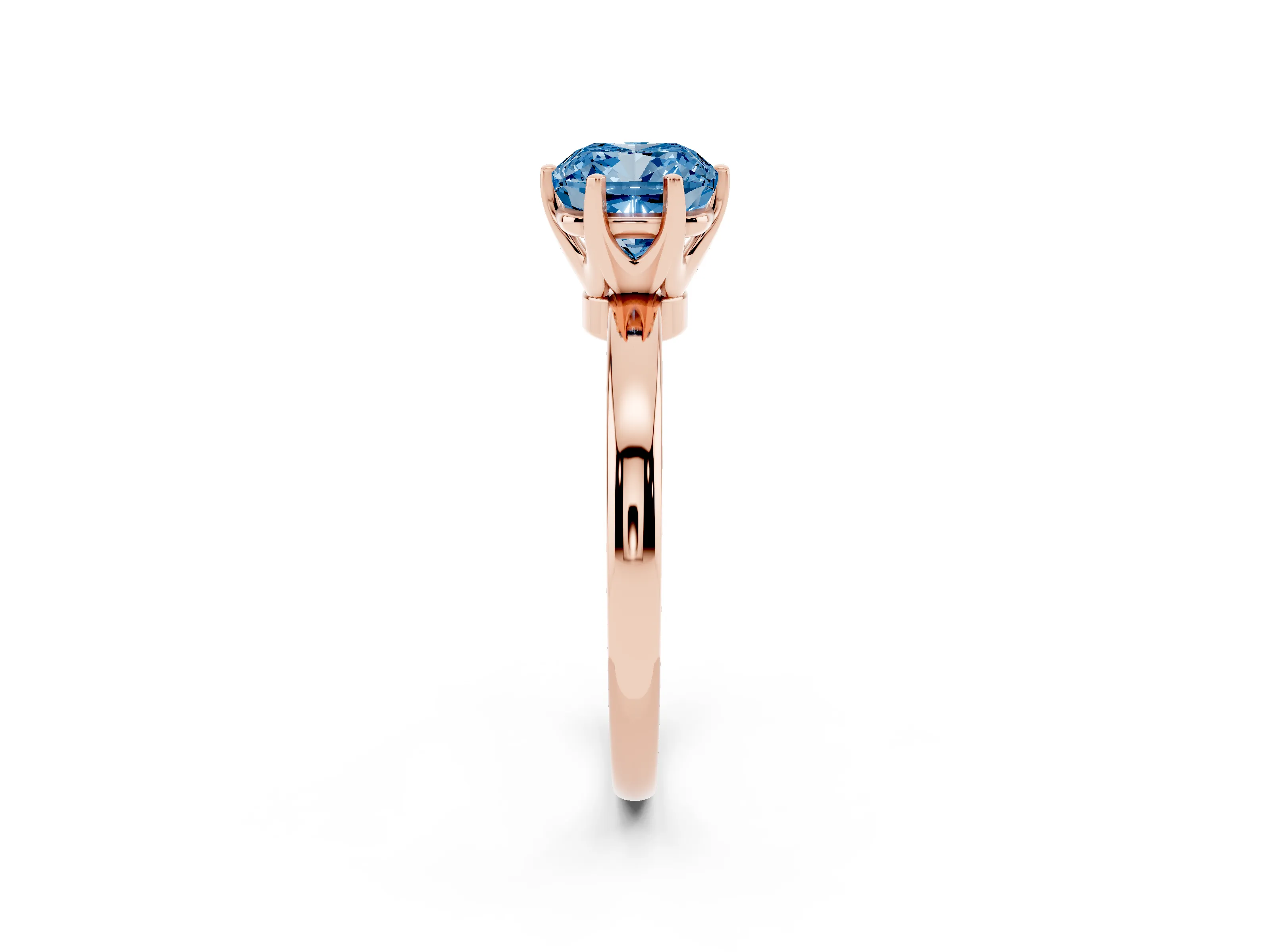 Fancy Blue Cushion Cut Diamond Solitaire Ring Set in Rose gold with Raised Prong Setting on a Classic Band