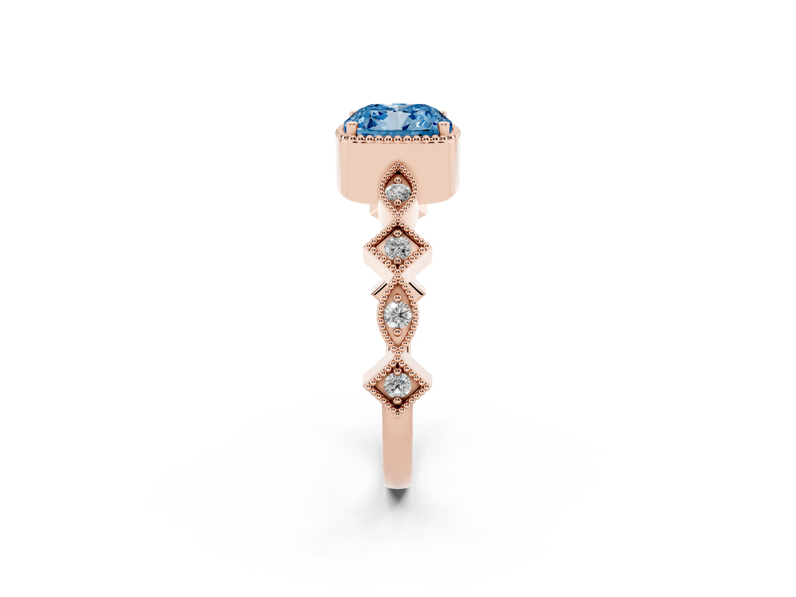Fancy Blue Cushion Cut Diamond Milgrain Marquise Twist Band Ring Set in Rose gold with Prong Setting