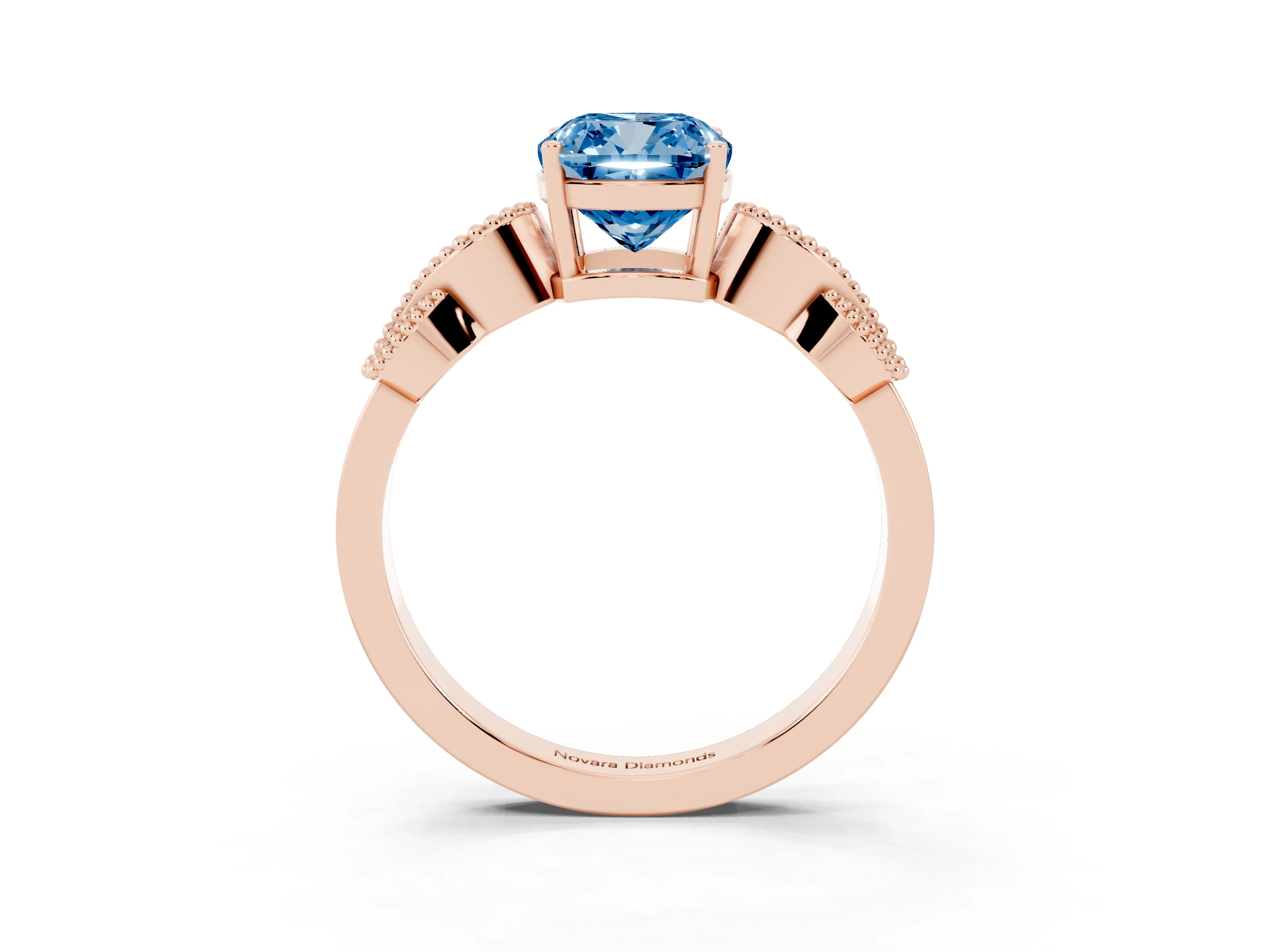 Fancy Blue Cushion Cut Diamond Milgrain Leaf Band Solitaire Ring Set in Rose gold with Accent Stones and Prong Setting