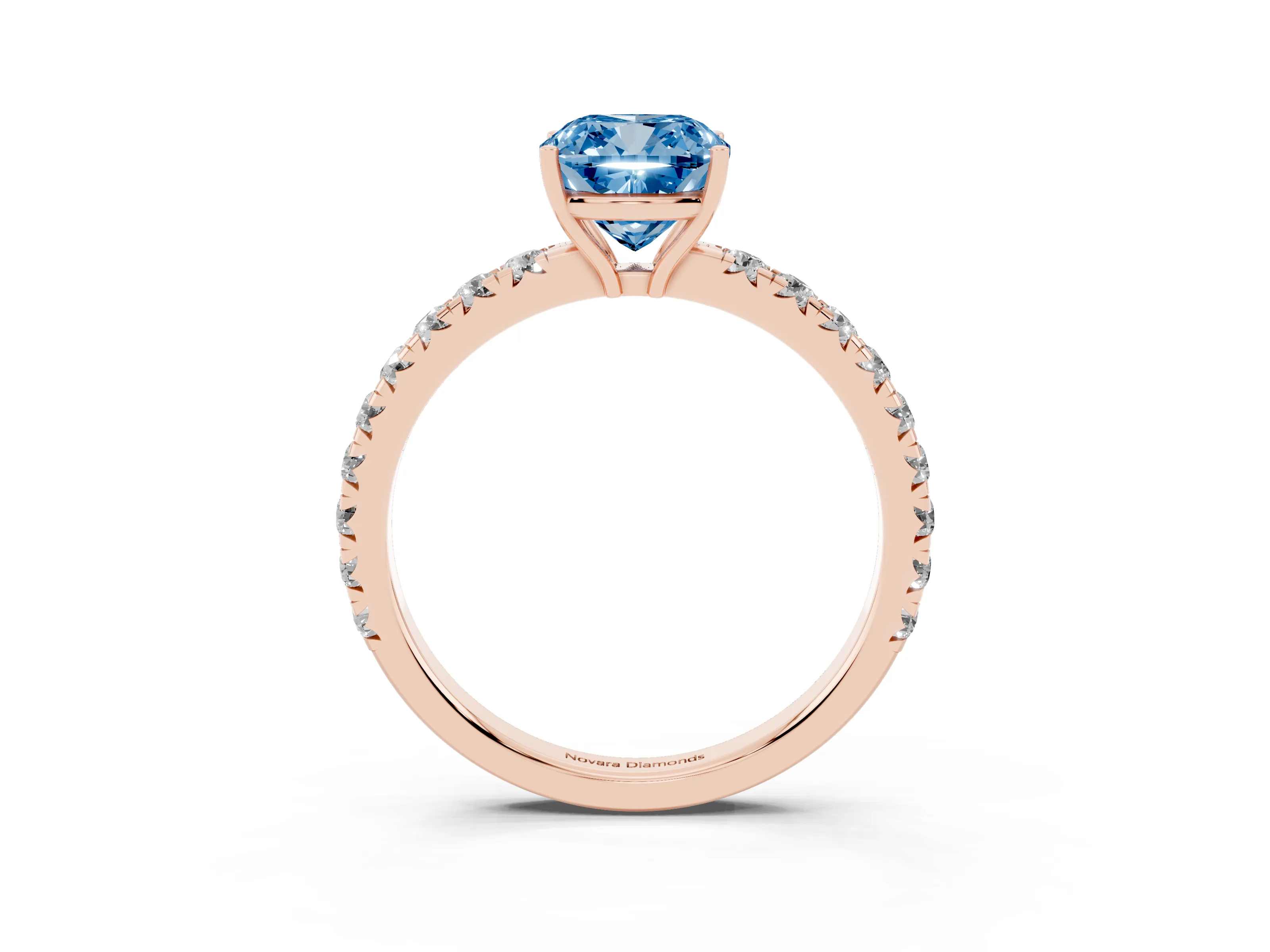 Fancy Blue Cushion Cut Diamond Pavé Solitaire Engagement Ring Set in Rose gold with Prong Setting