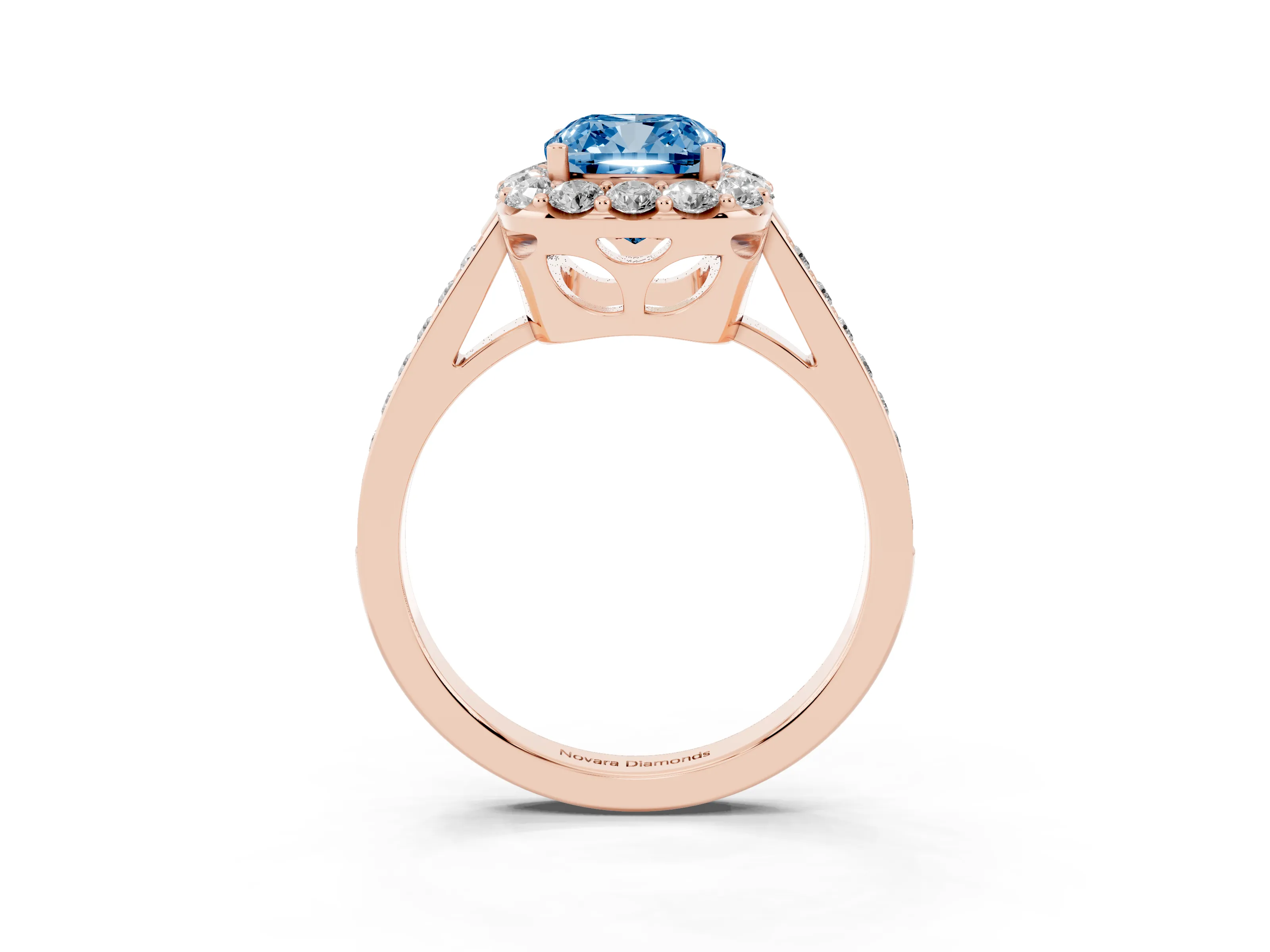Fancy Blue Cushion Cut Diamond Floral Halo Ring Set in Rose gold with Pavé Band and Prong Setting