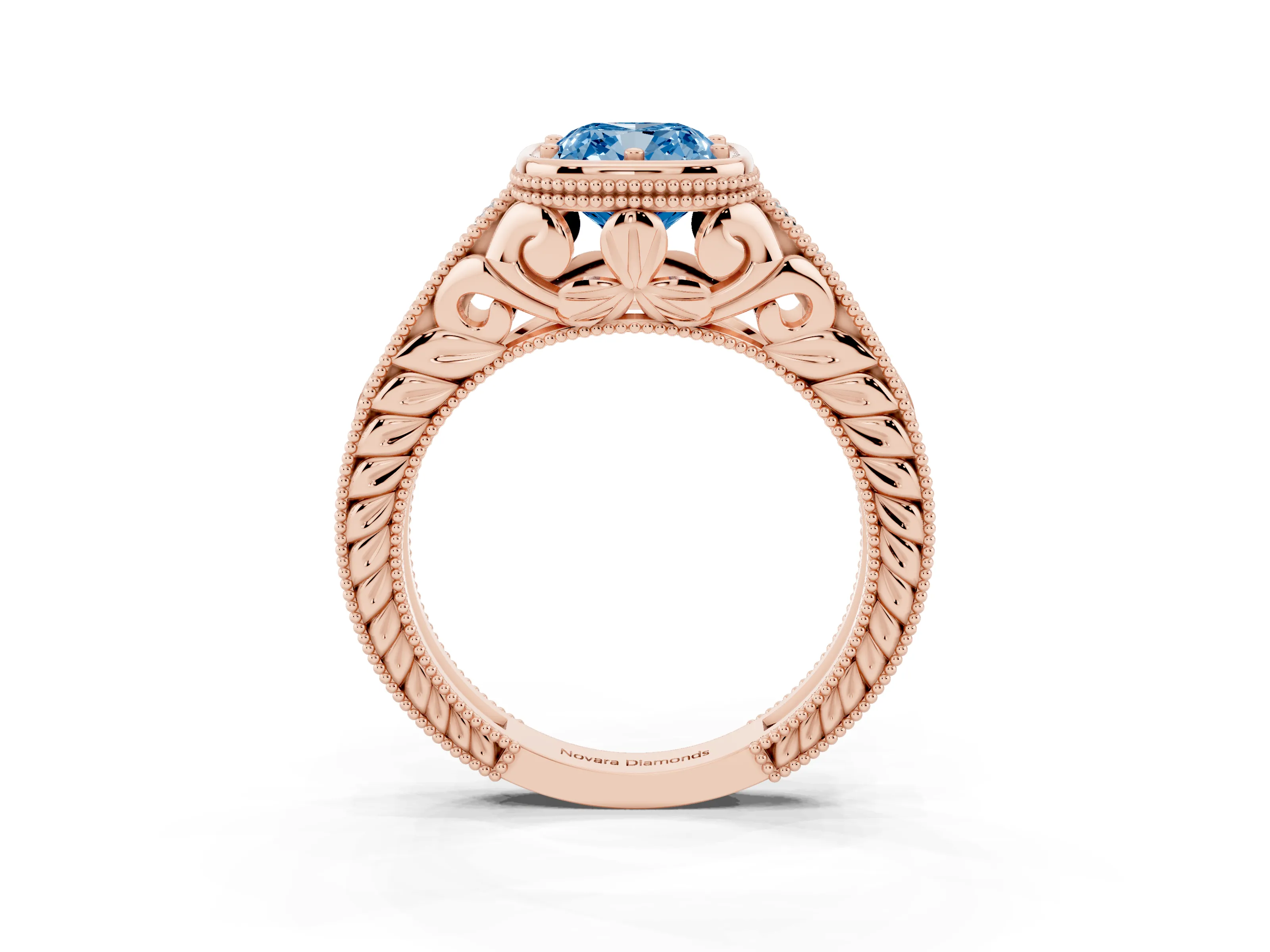 Fancy Blue Bezel Set Cushion Cut Diamond Milgrain Pavé Engagement Ring Set in Rose gold