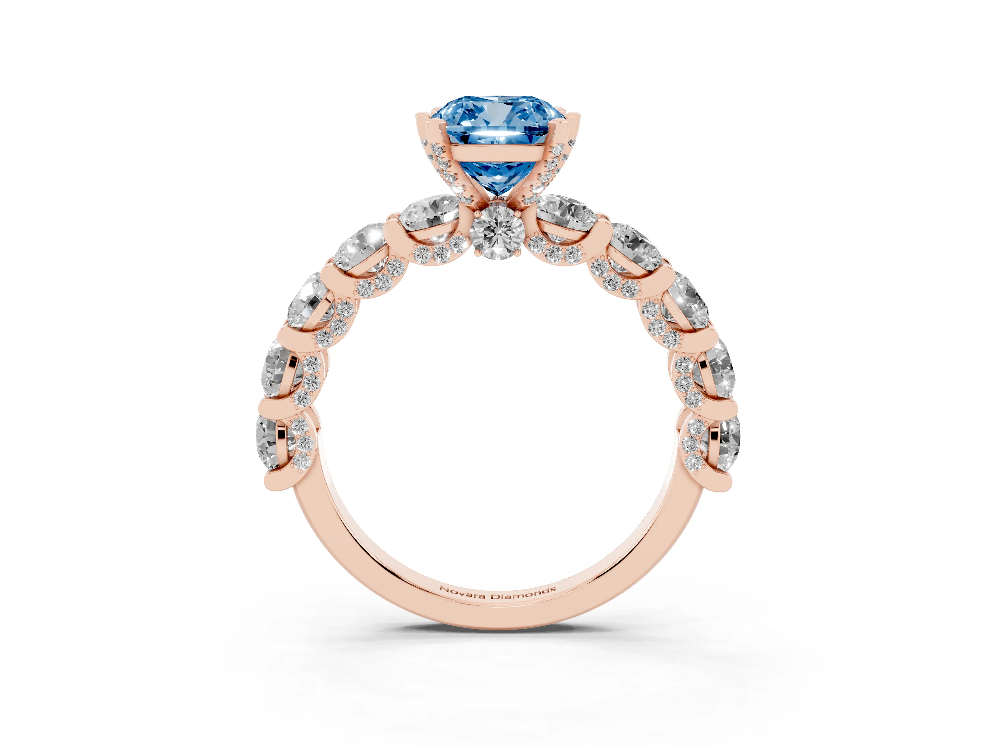 Fancy Blue Cushion Cut Diamond Side Stone Ring Set in Rose gold with Alternating Round and Oval Side Stones