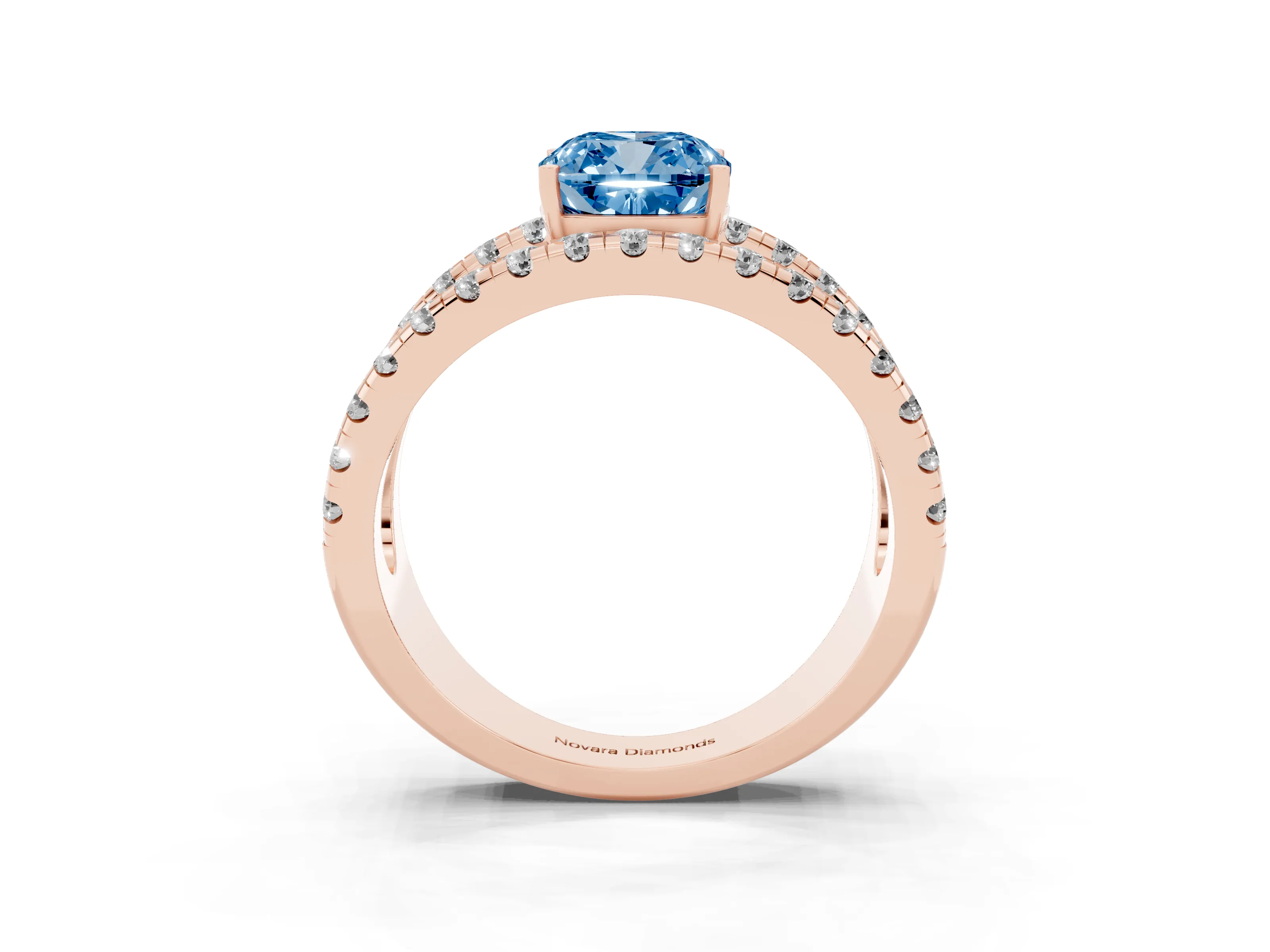 Fancy Blue Cushion Cut Diamond Split Shank Pavé Solitaire Ring Set in Rose gold with Open Shank Design