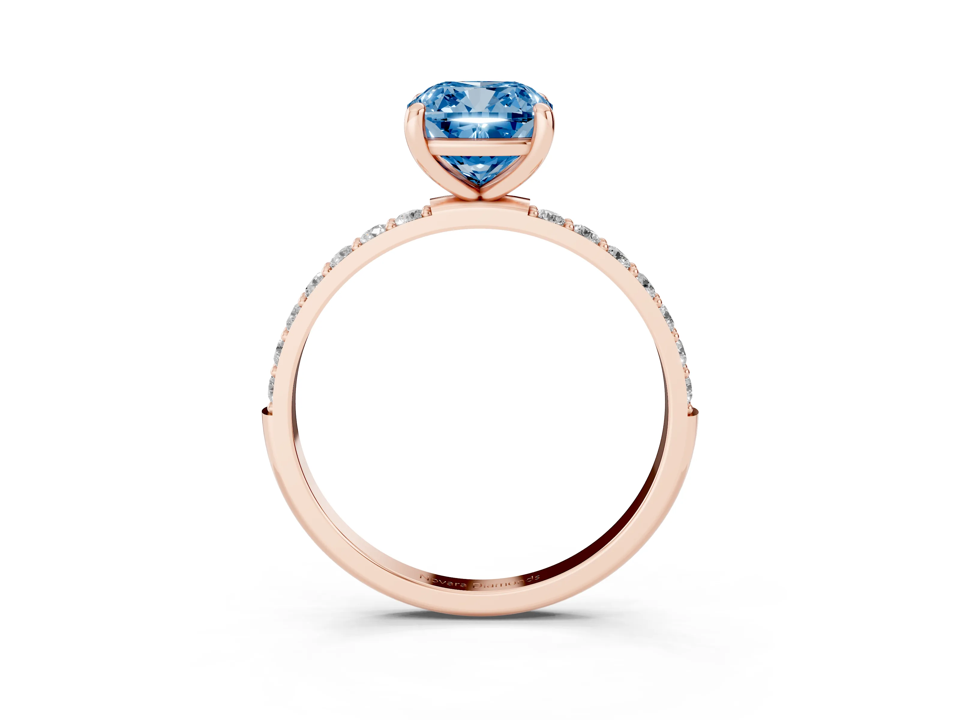 Fancy Blue Cushion Cut Diamond Solitaire Ring Set in Rose gold with Round Pavé Band and Prong Setting