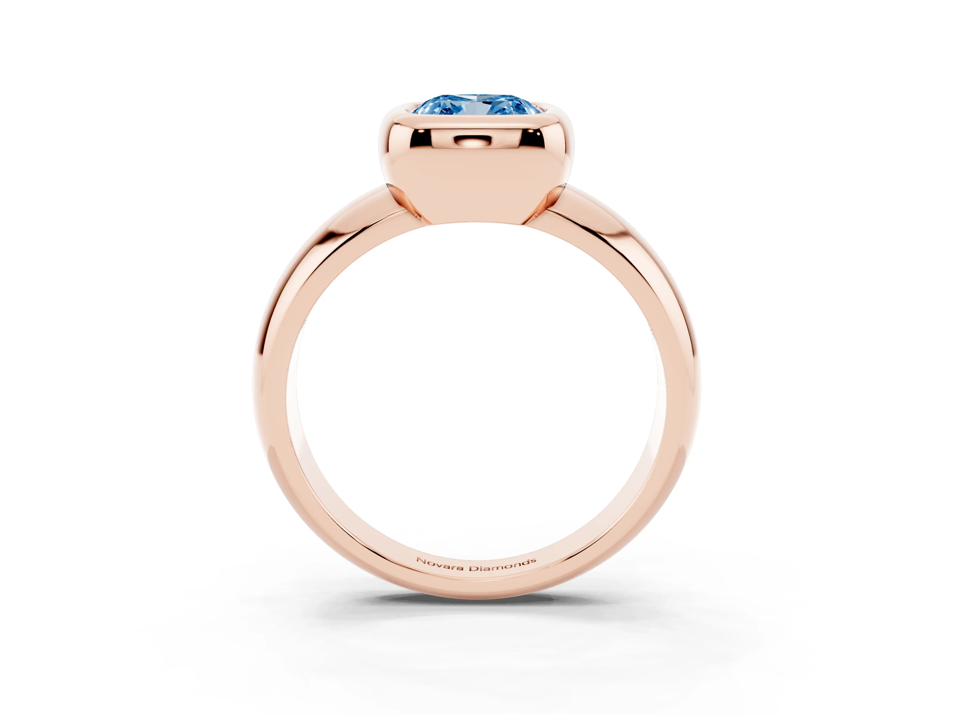 Fancy Blue Bezel Set Cushion Cut Diamond Solitaire Ring Set in Rose gold with Wide Band