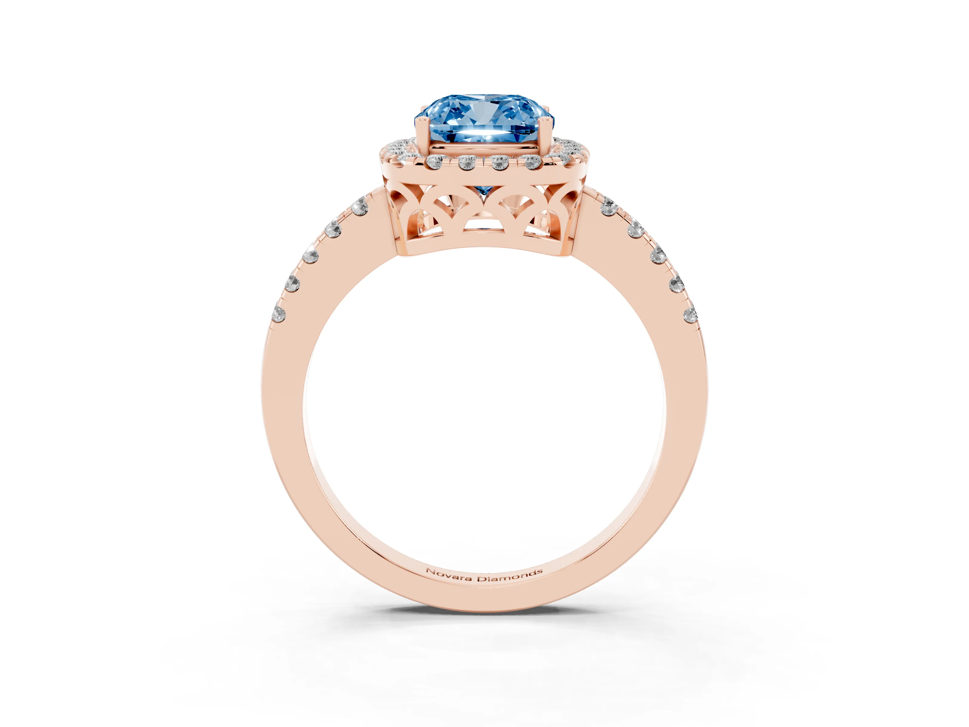 Fancy Blue Cushion Cut Diamond Pavé Band Halo Engagement Ring Set in Rose gold with Prong Setting