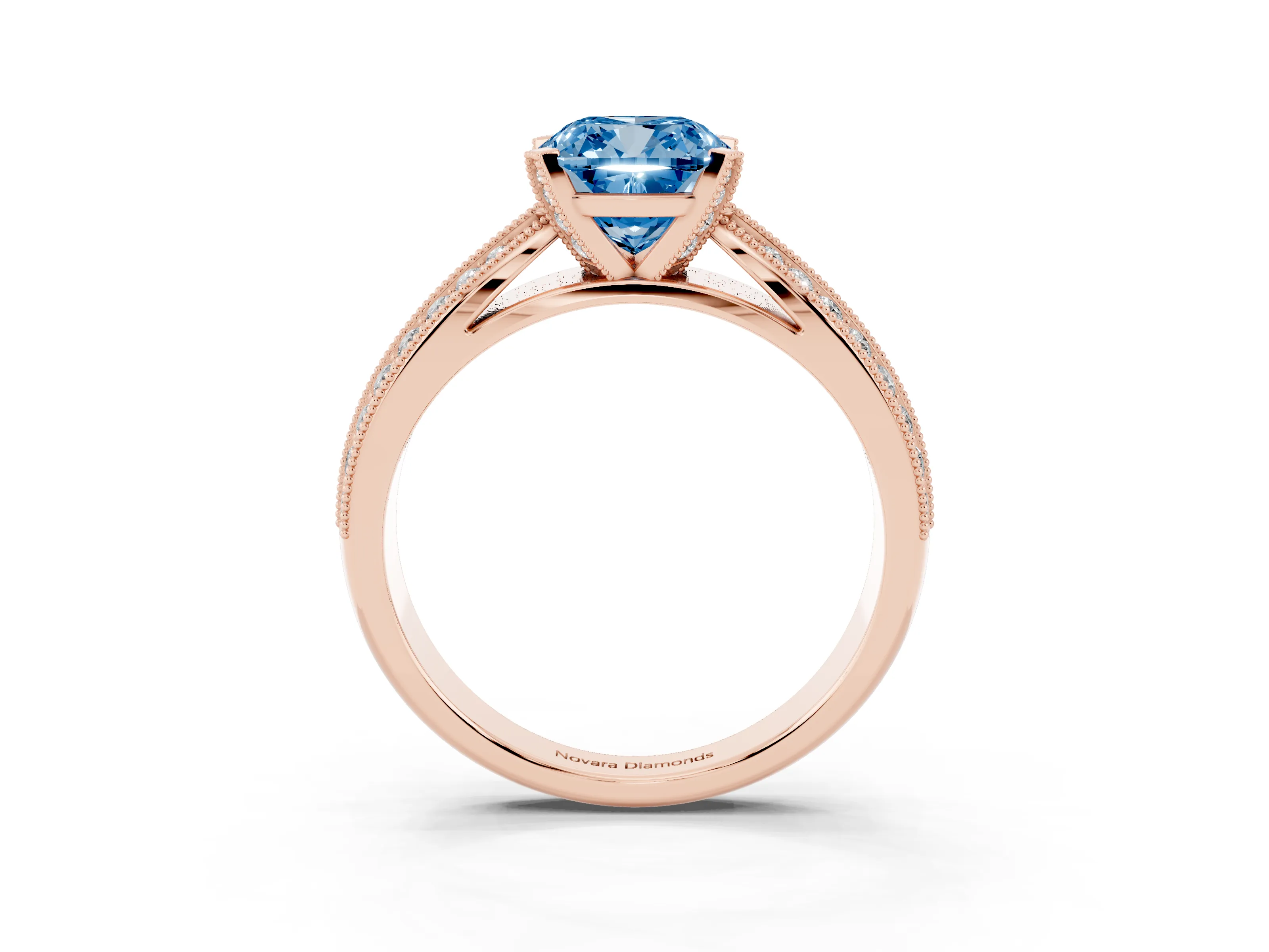 Fancy Blue Cushion Cut Diamond Solitaire Ring Set in Rose gold with Milgrain Double Row Round Pavé Band