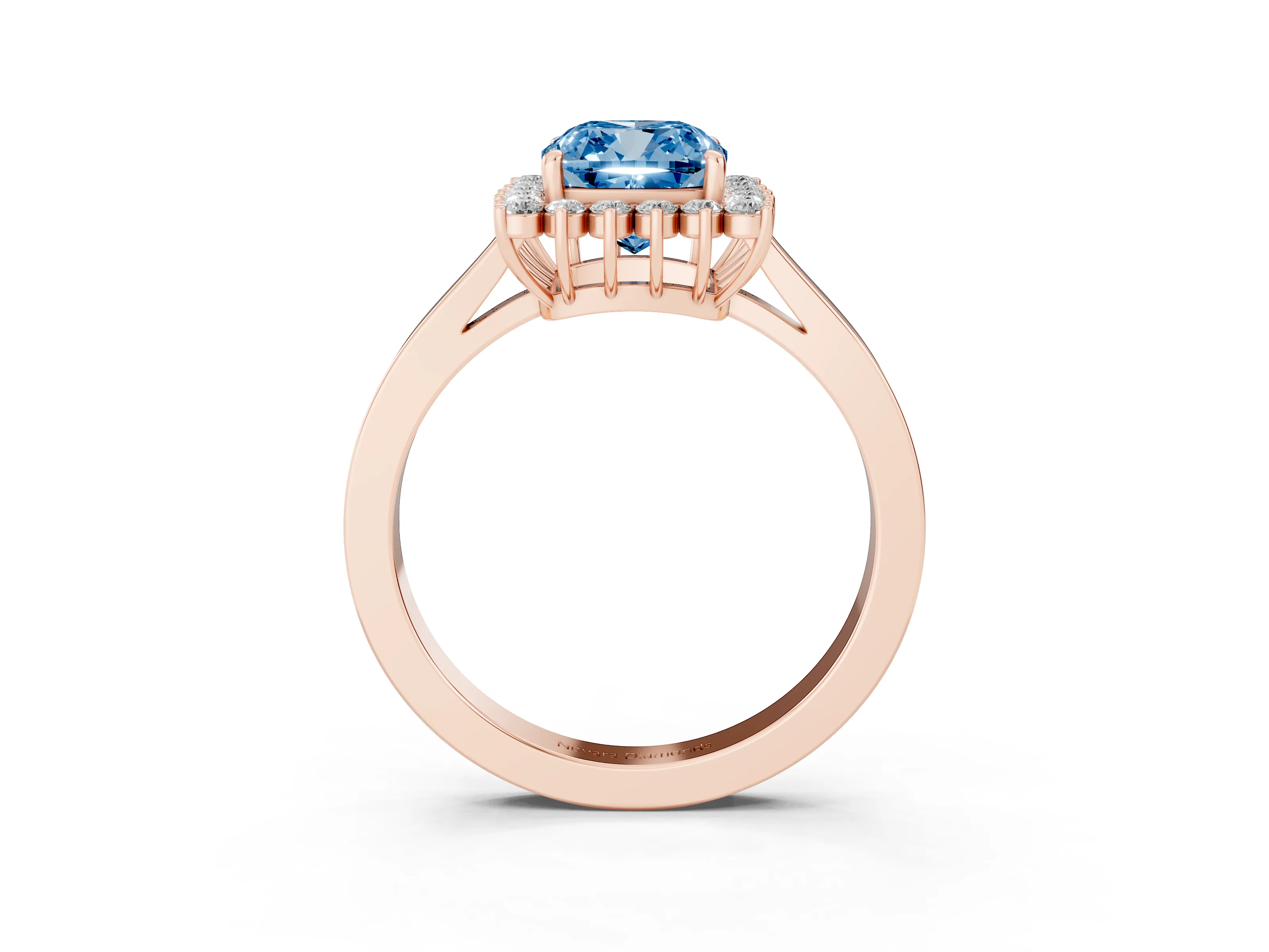 Fancy Blue Cushion Cut Diamond Halo Ring Set in Rose gold with Round Halo and Smooth Solitaire Band