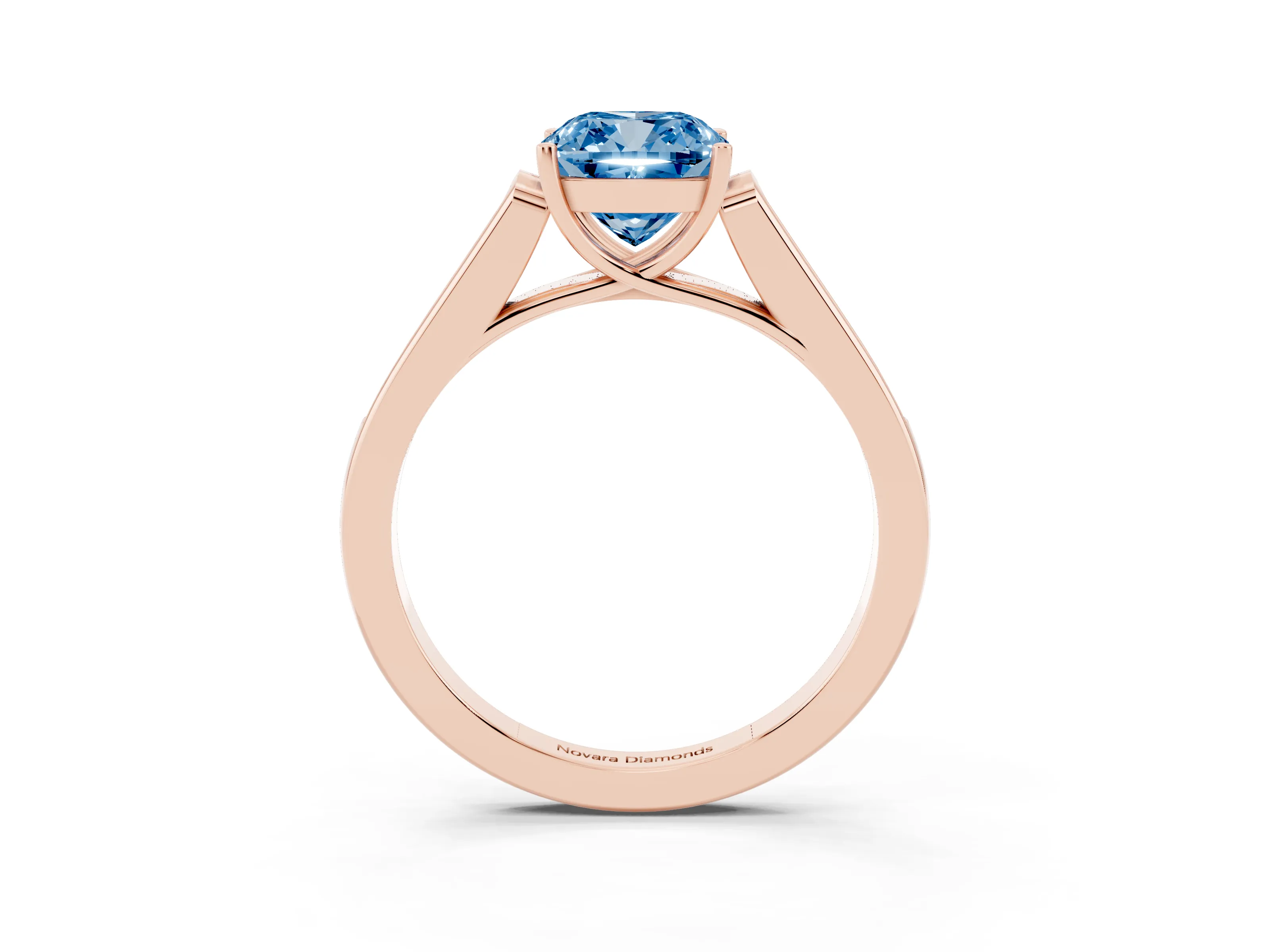 Fancy Blue Cushion Cut Diamond Solitaire Cathedral Engagement Ring Set in Rose gold with Channel-Set Band and Prong Setting