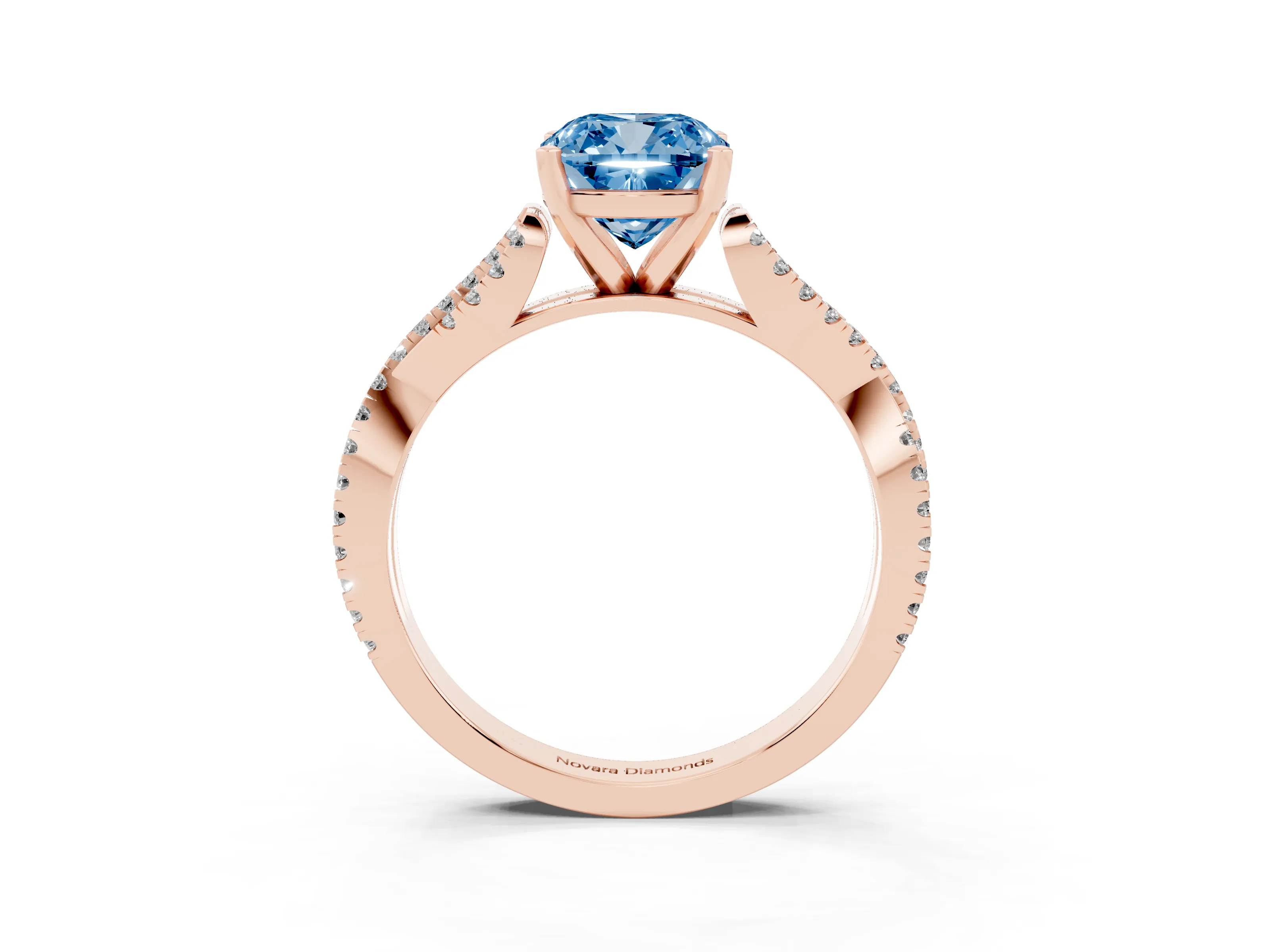 Fancy Blue Cushion Cut Diamond Solitaire Engagement Ring Set in Rose gold with Twisted Pavé Band and Prong Setting