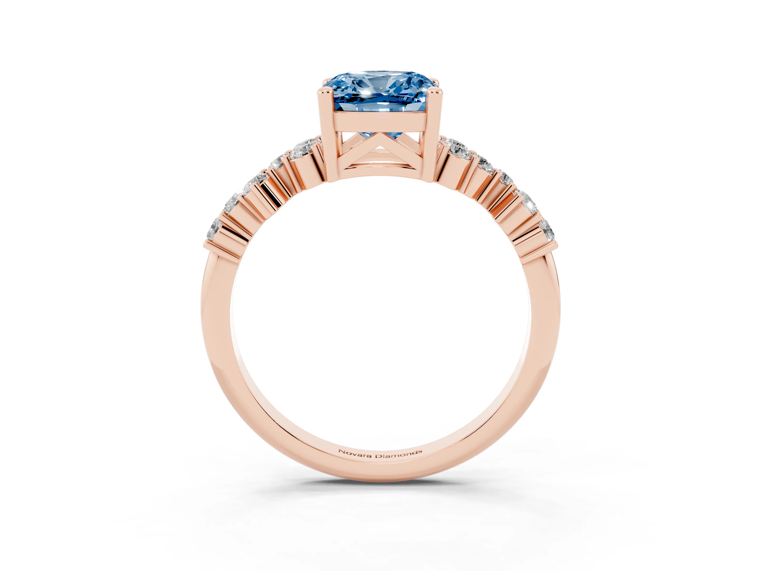 Fancy Blue Cushion Cut Diamond Ring Set in Rose gold with Scattered Round Accents