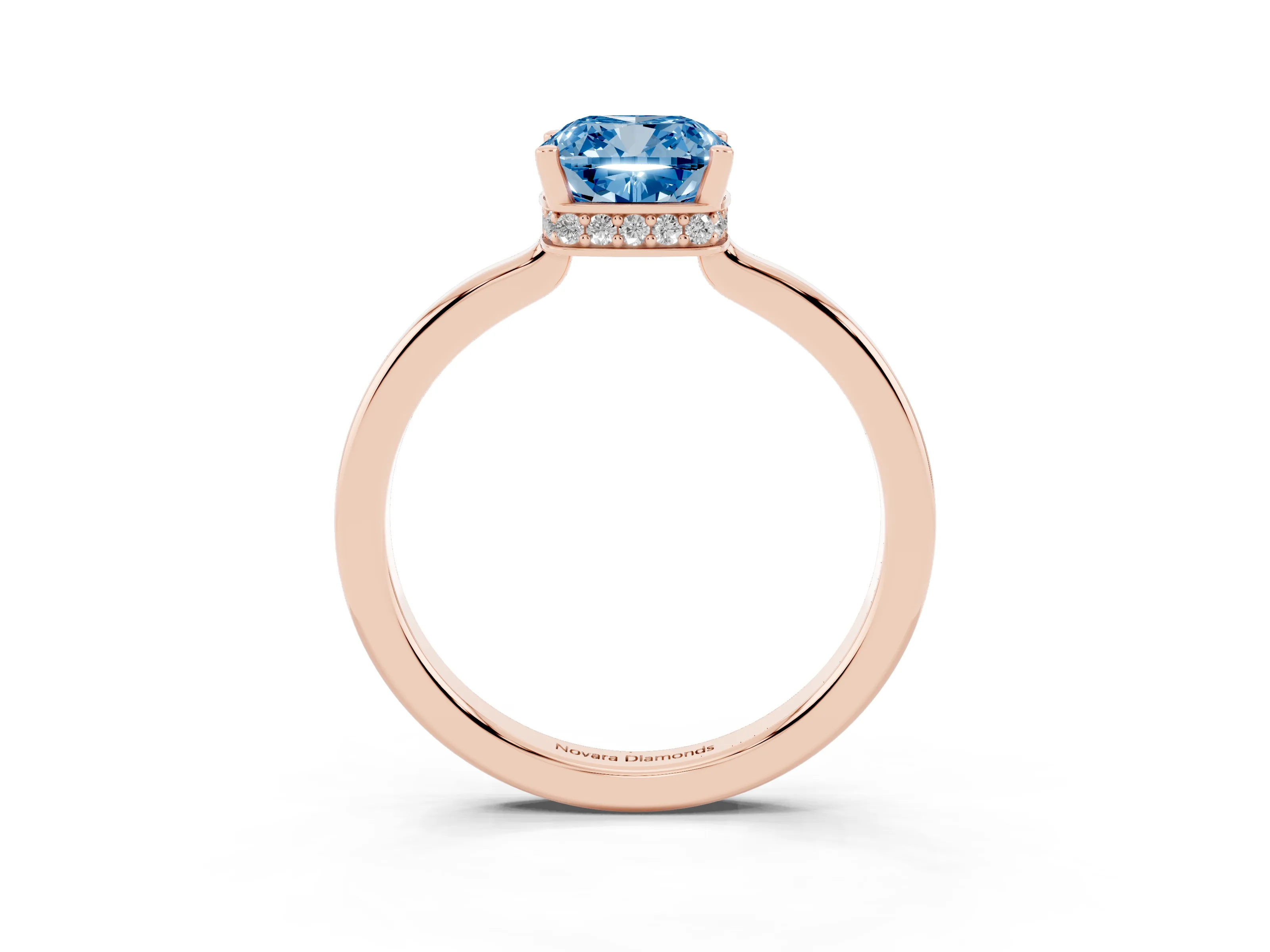 Fancy Blue Cushion Cut Diamond Solitaire Engagement Ring Set in Rose gold with Prong Setting on a Plain Band