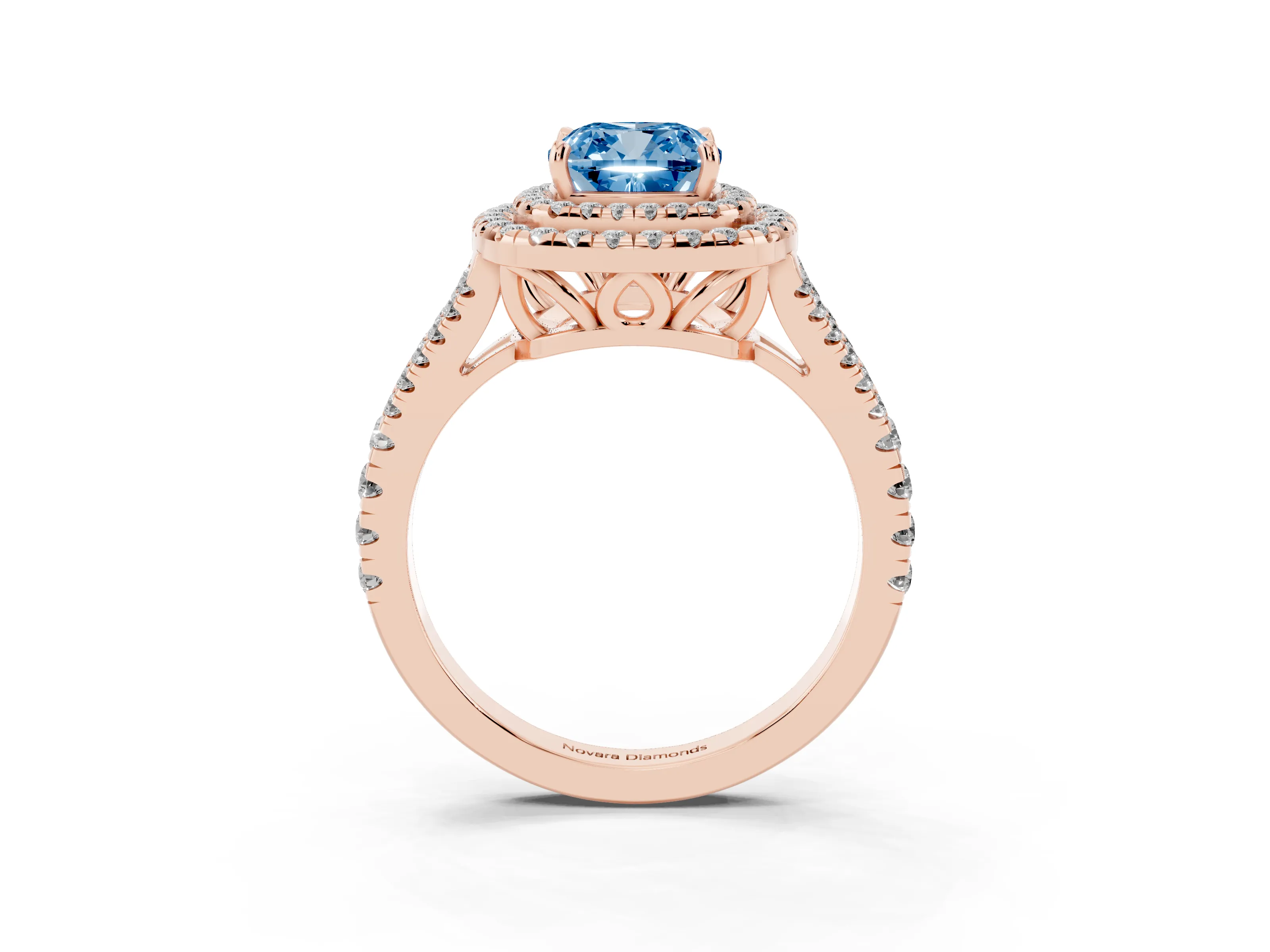 Fancy Blue Cushion Cut Diamond Double Halo Ring Set in Rose gold with Pavé Band