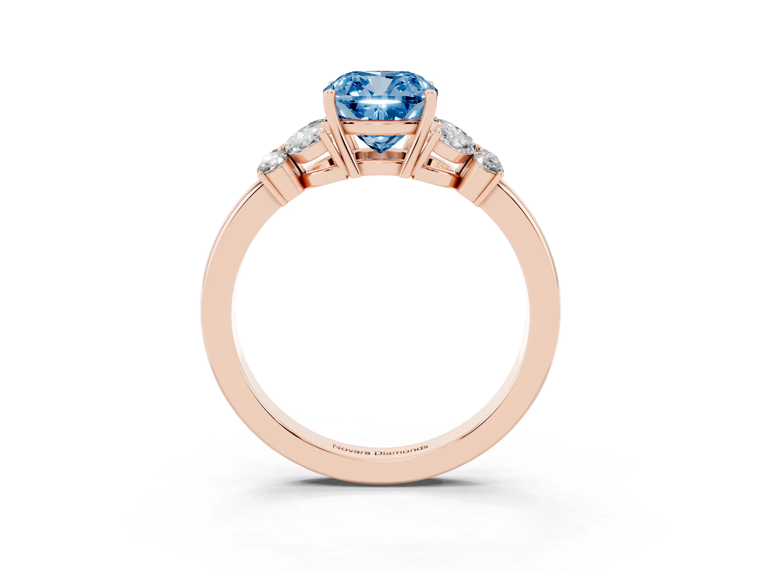 Fancy Blue Cushion Cut Diamond Solitaire Floral Ring Set in Rose gold with Marquise Petals and Prong Setting