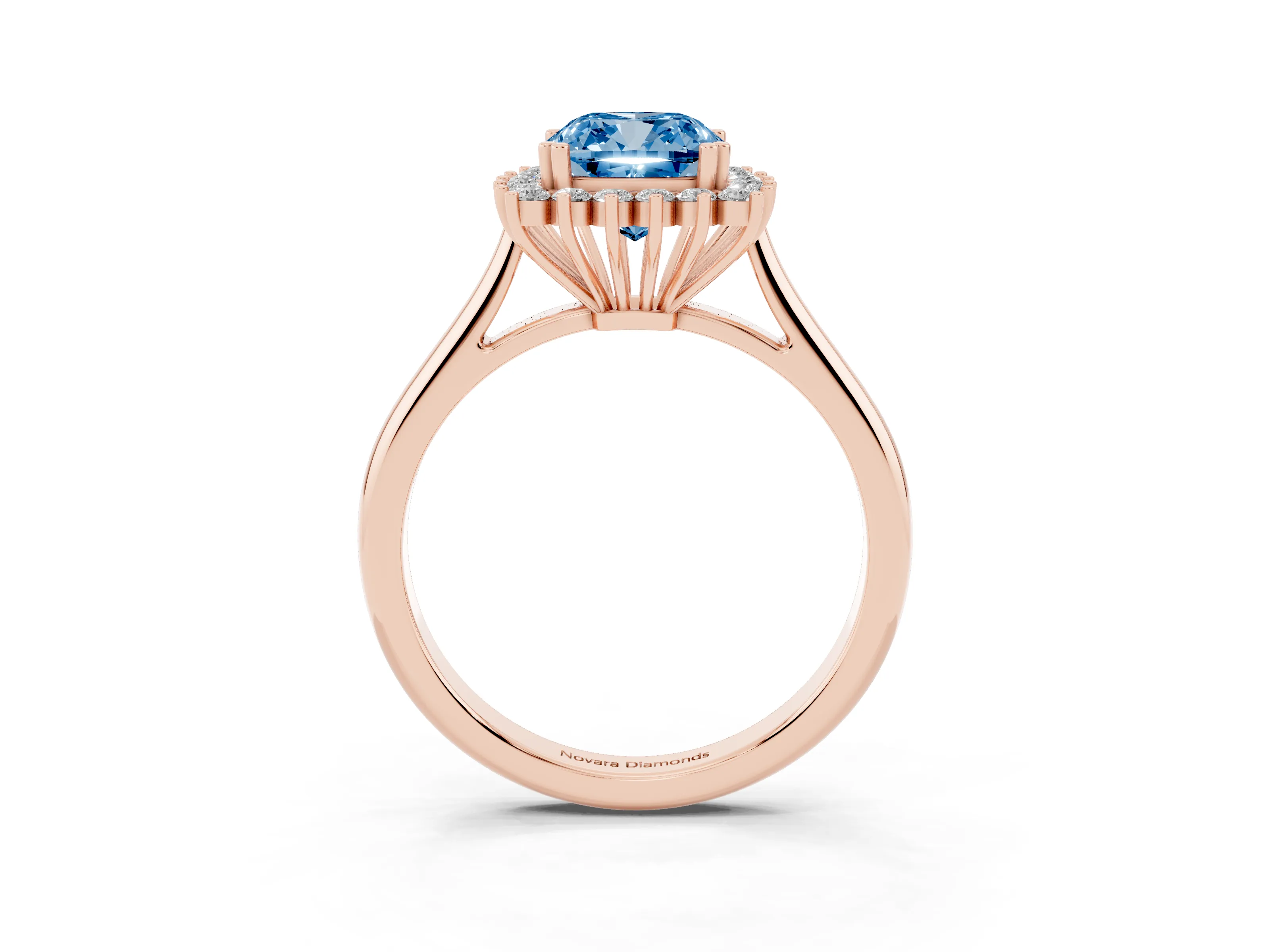 Fancy Blue Cushion Cut Diamond Halo Ring Set in Rose gold with Plain Solitaire Band and Prong Setting