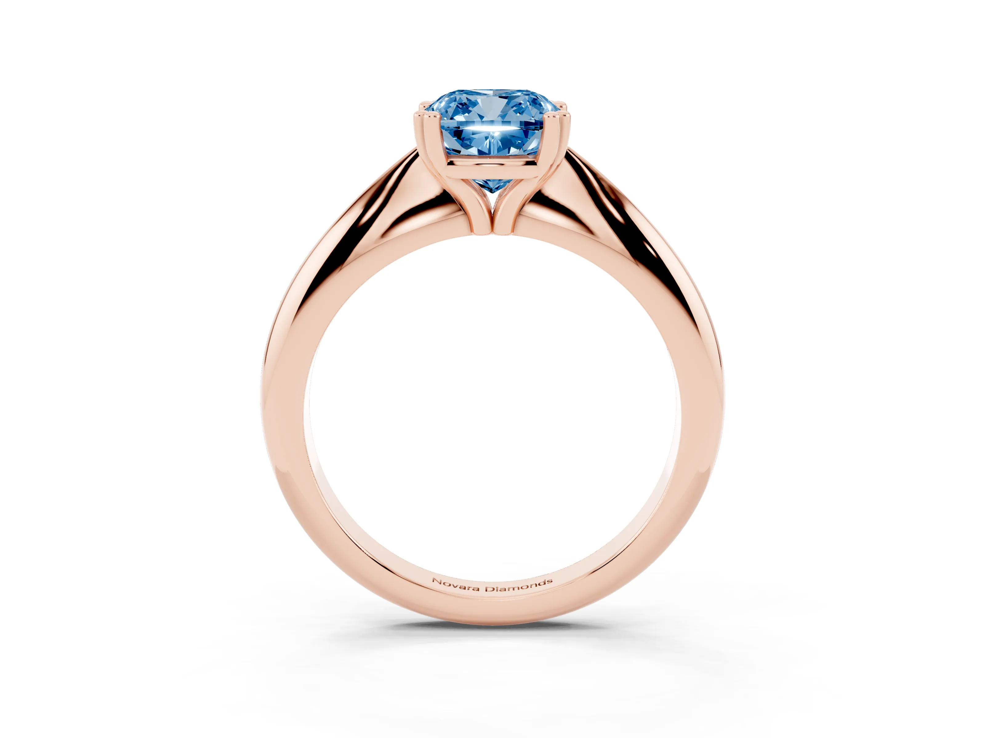 Fancy Blue Cushion Cut Diamond Solitaire Engagement Ring Set in Rose gold with Tapered Band and Prong Setting