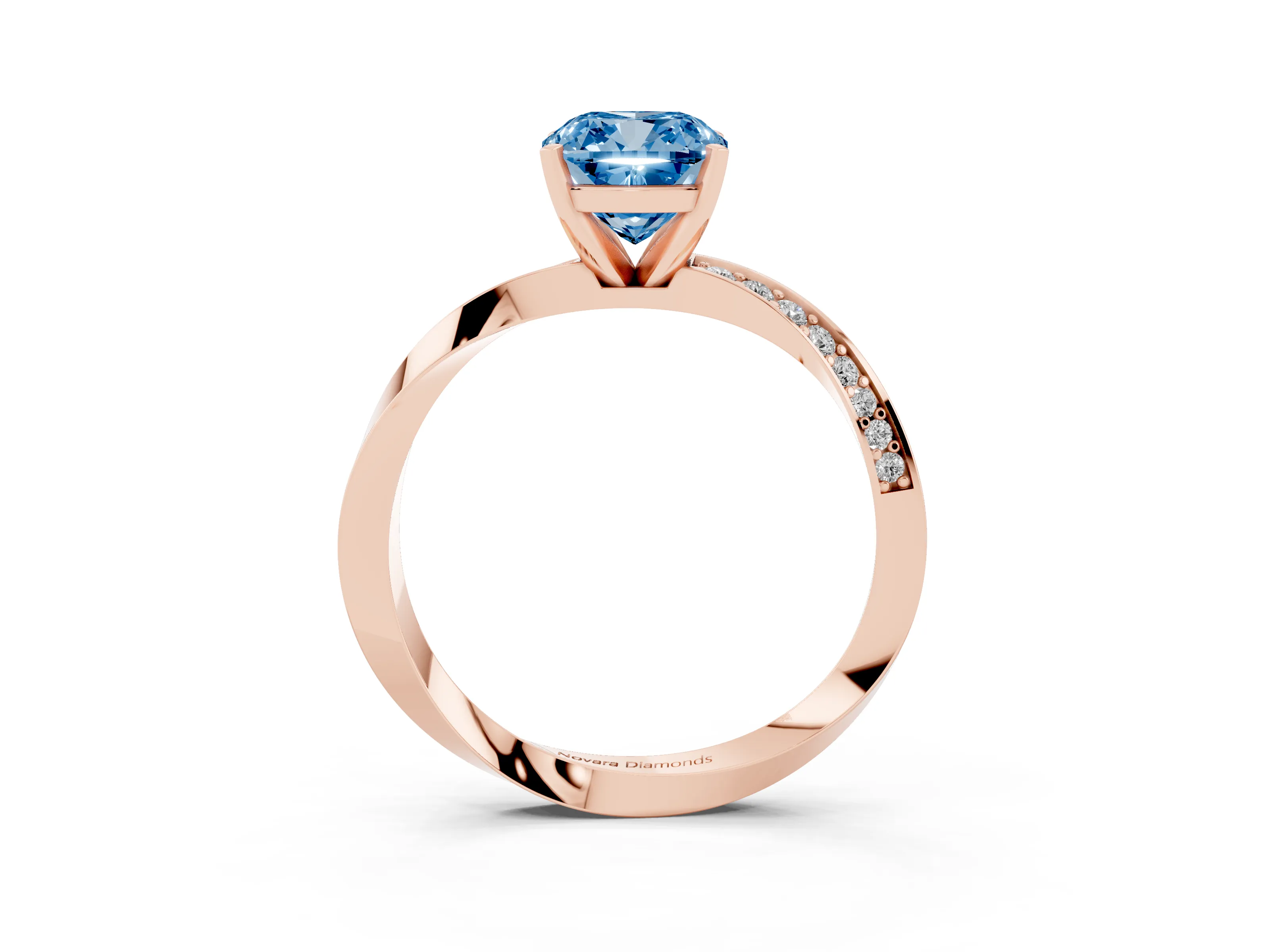 Fancy Blue Cushion Cut Diamond Engagement Ring Set in Rose gold with Side Stone Accents and Prong Setting