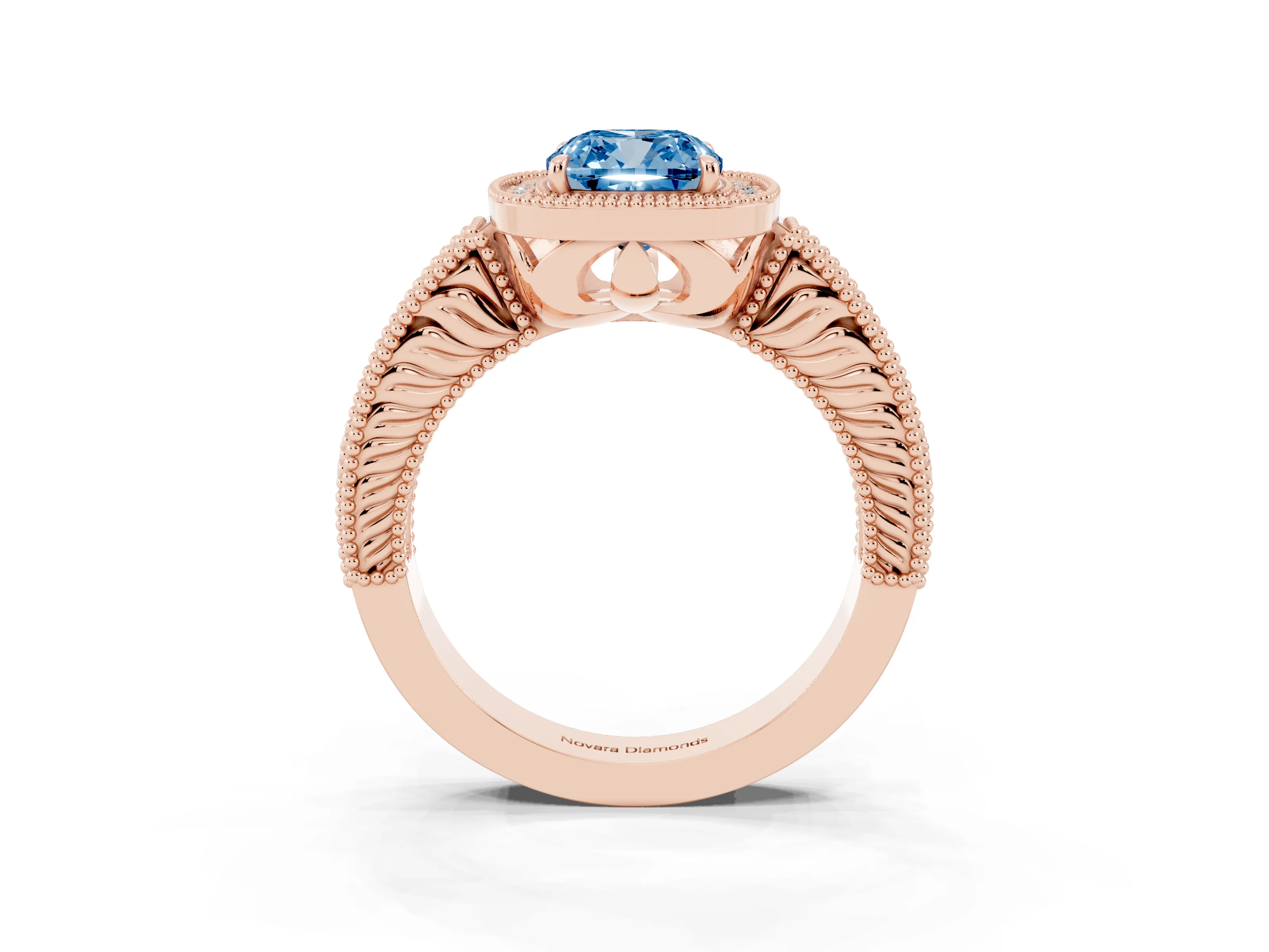 Fancy Blue Cushion Cut Diamond Halo Ring Set in Rose gold with Round Accent Halo, Pavé Band and Prong Setting