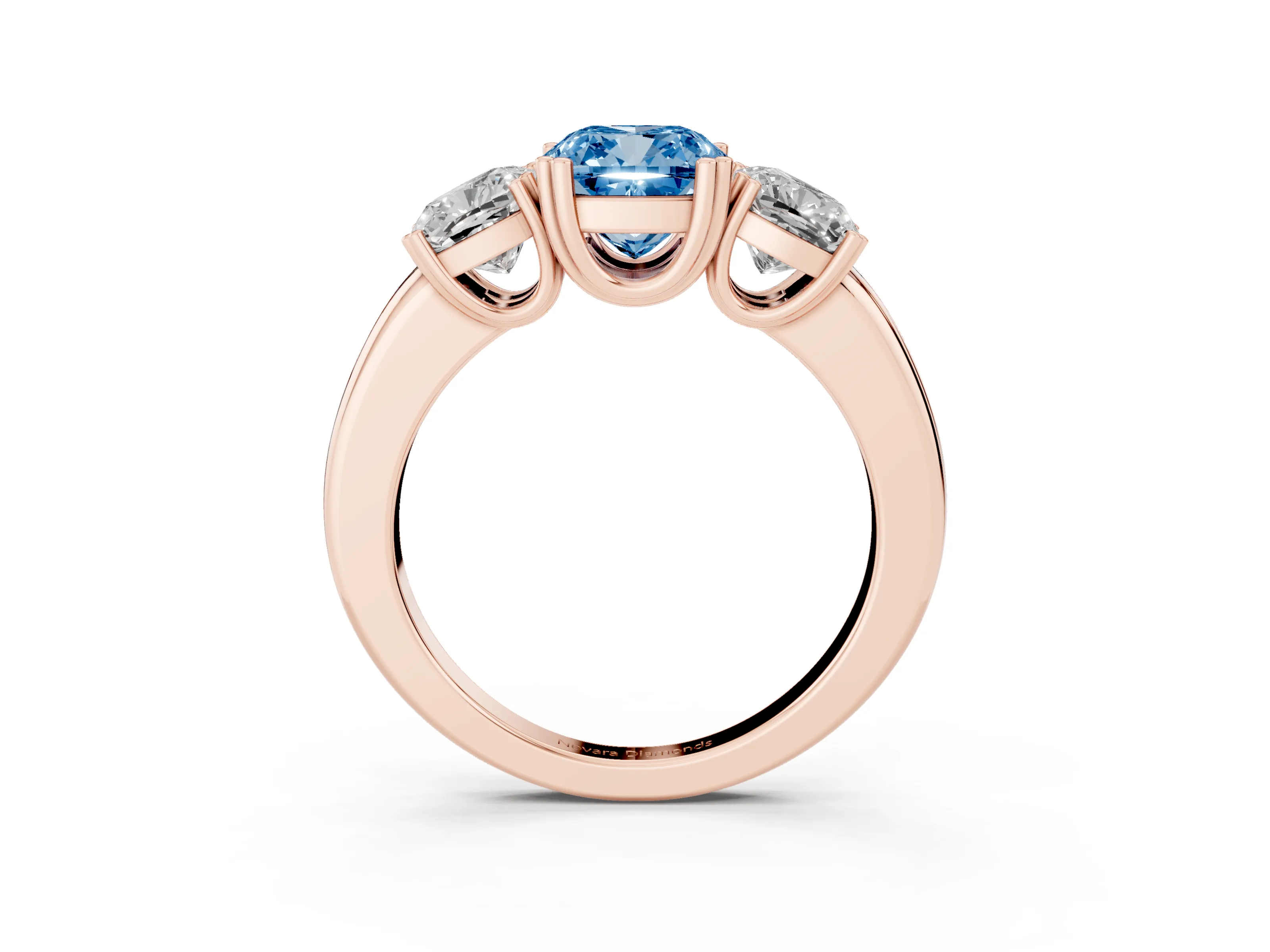 Fancy Blue Cushion Cut Diamond Three-Stone Ring Set in Rose gold with Polished Band and Prong Setting