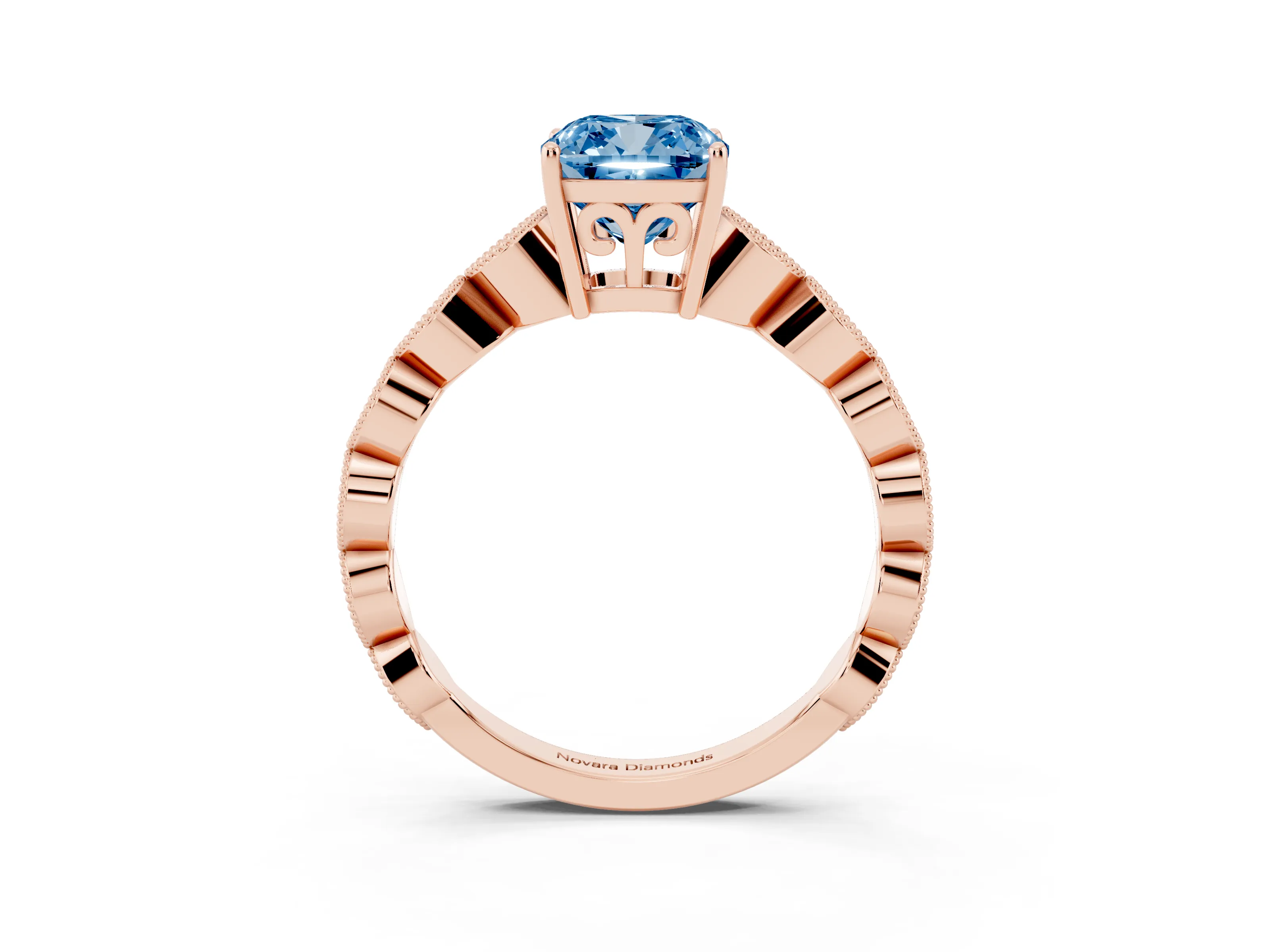 Fancy Blue Cushion Cut Diamond Solitaire Ring Set in Rose gold with Infinity Twist Pavé Band