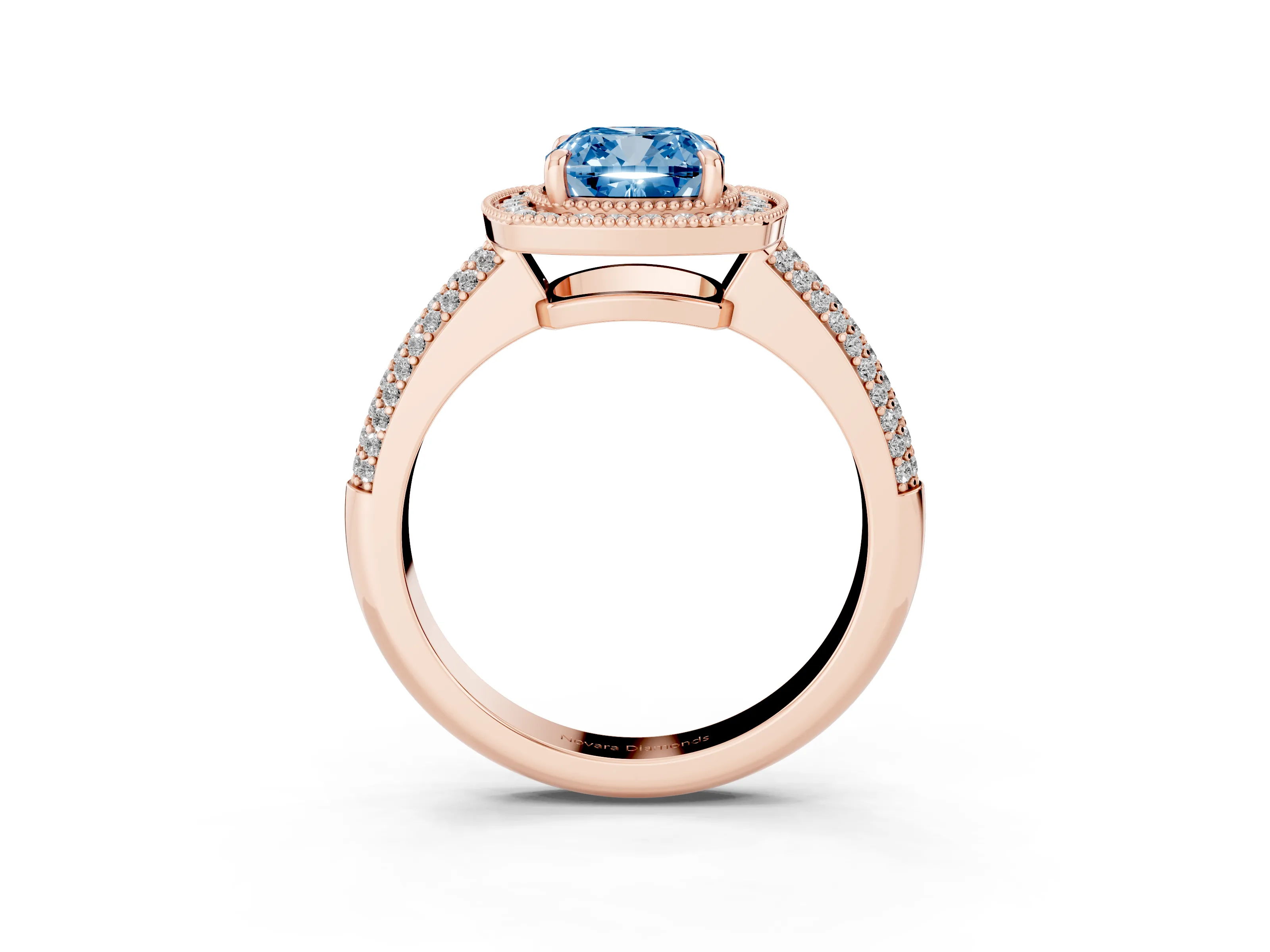 Fancy Blue Cushion Cut Diamond Halo Pavé Band Set in Rose gold with Prong Setting