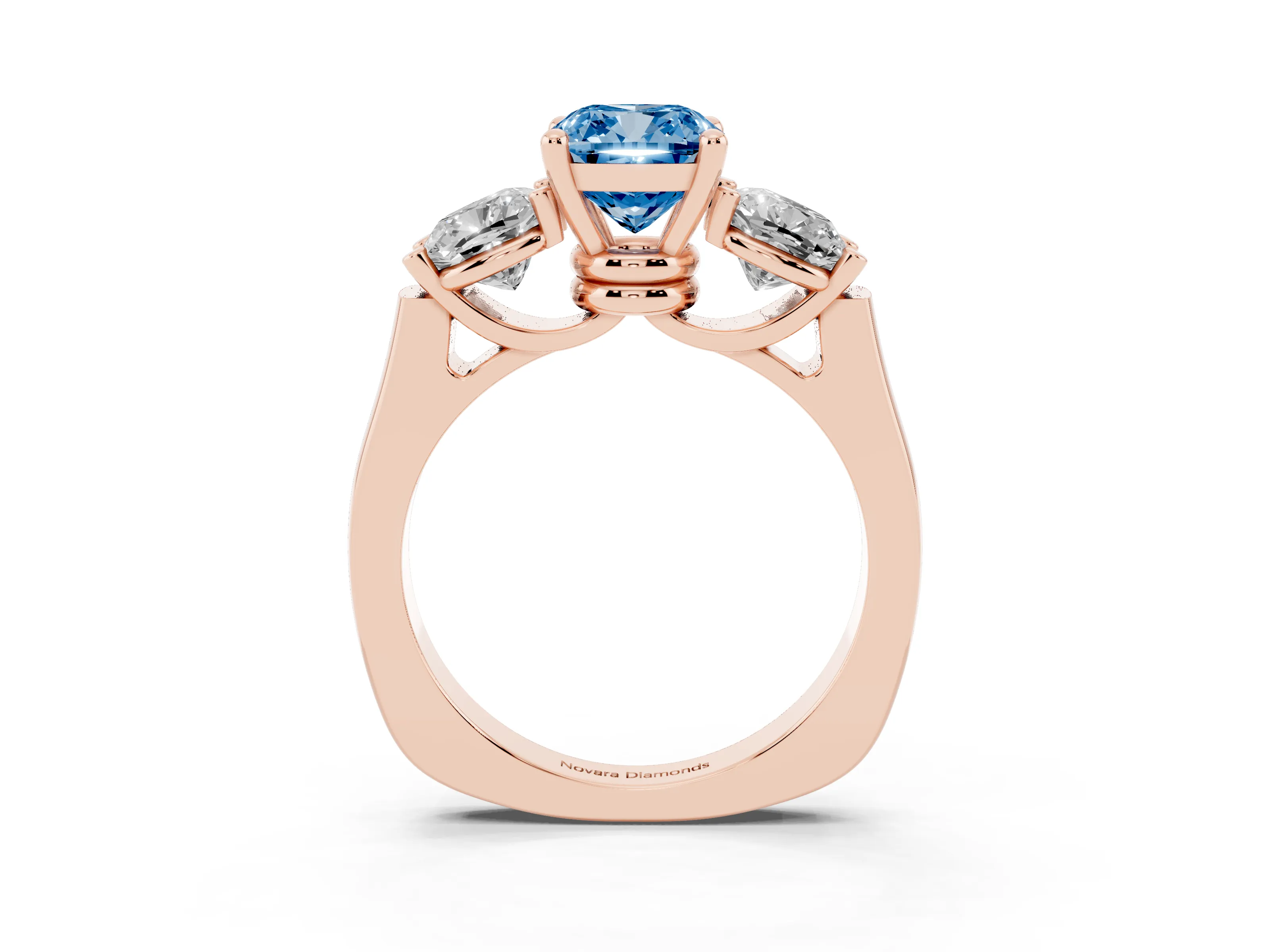 Fancy Blue Cushion Cut Diamond Three-Stone Trellis Ring Set in Rose gold with Comfort Fit Band