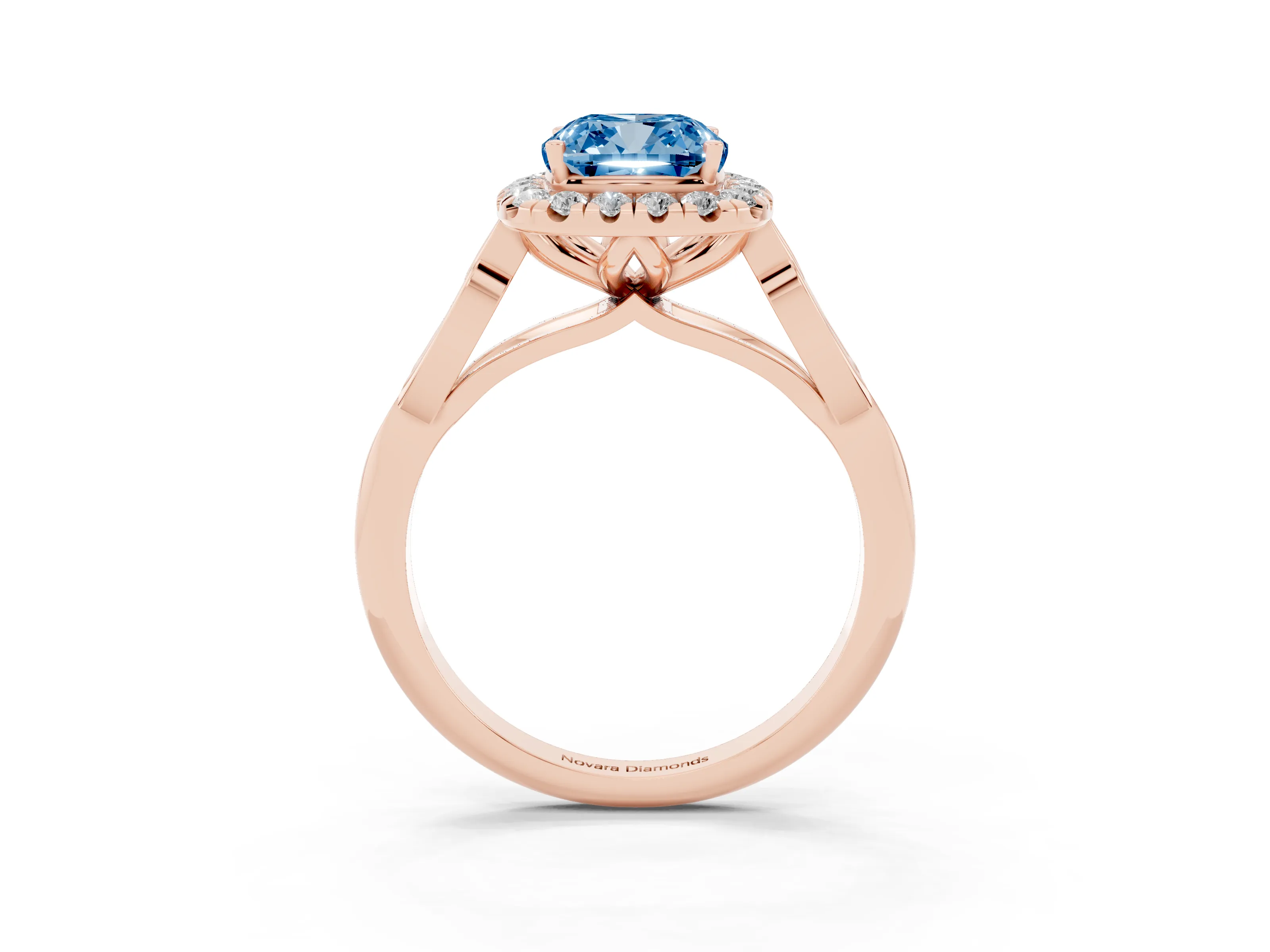 Fancy Blue Cushion Cut Diamond Halo Engagement Ring Set in Rose gold with Filigree Band and Prong-Set Center