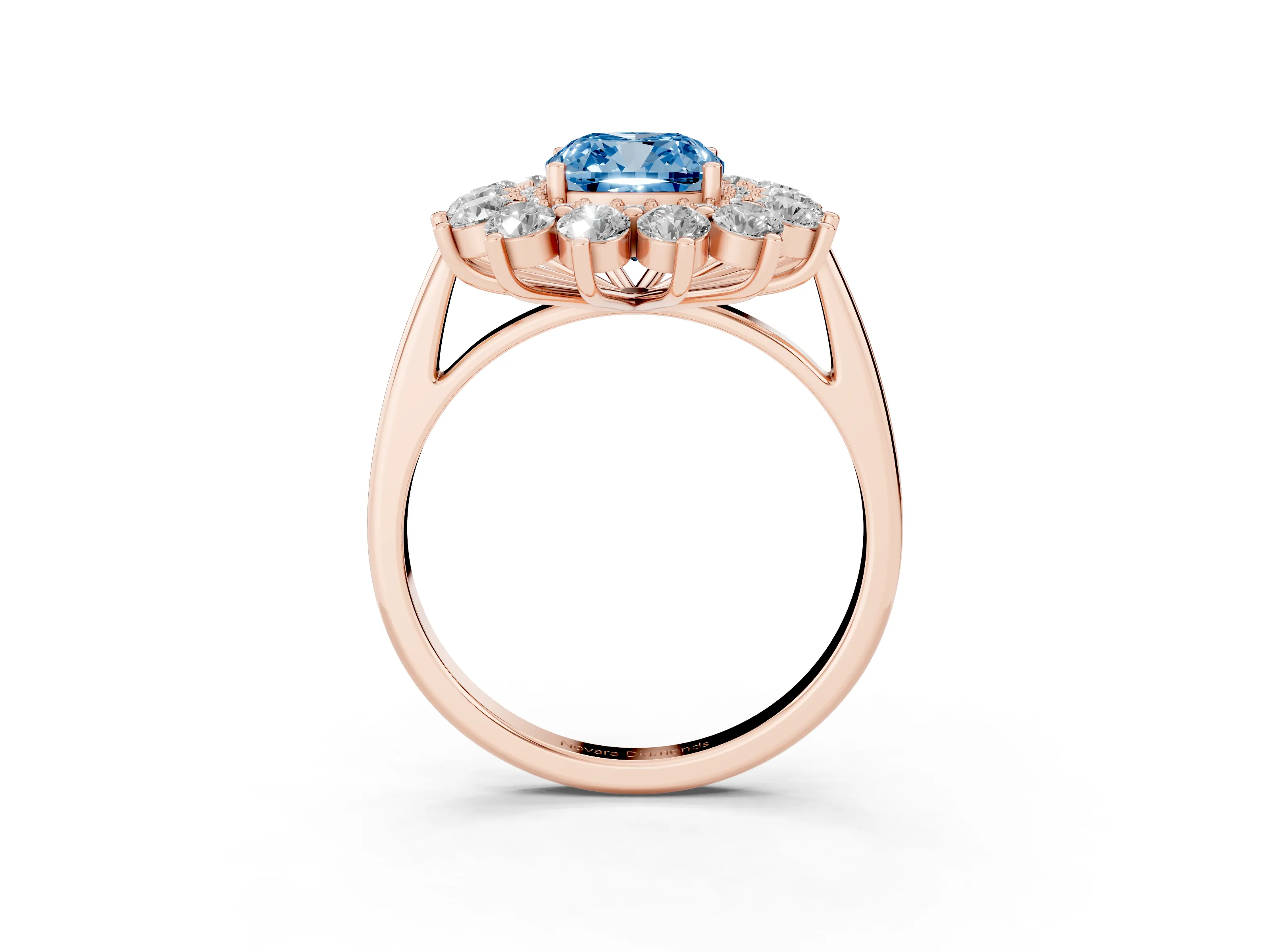 Fancy Blue Cushion Cut Diamond Floral Double Halo Ring Set in Rose gold with Round Petals