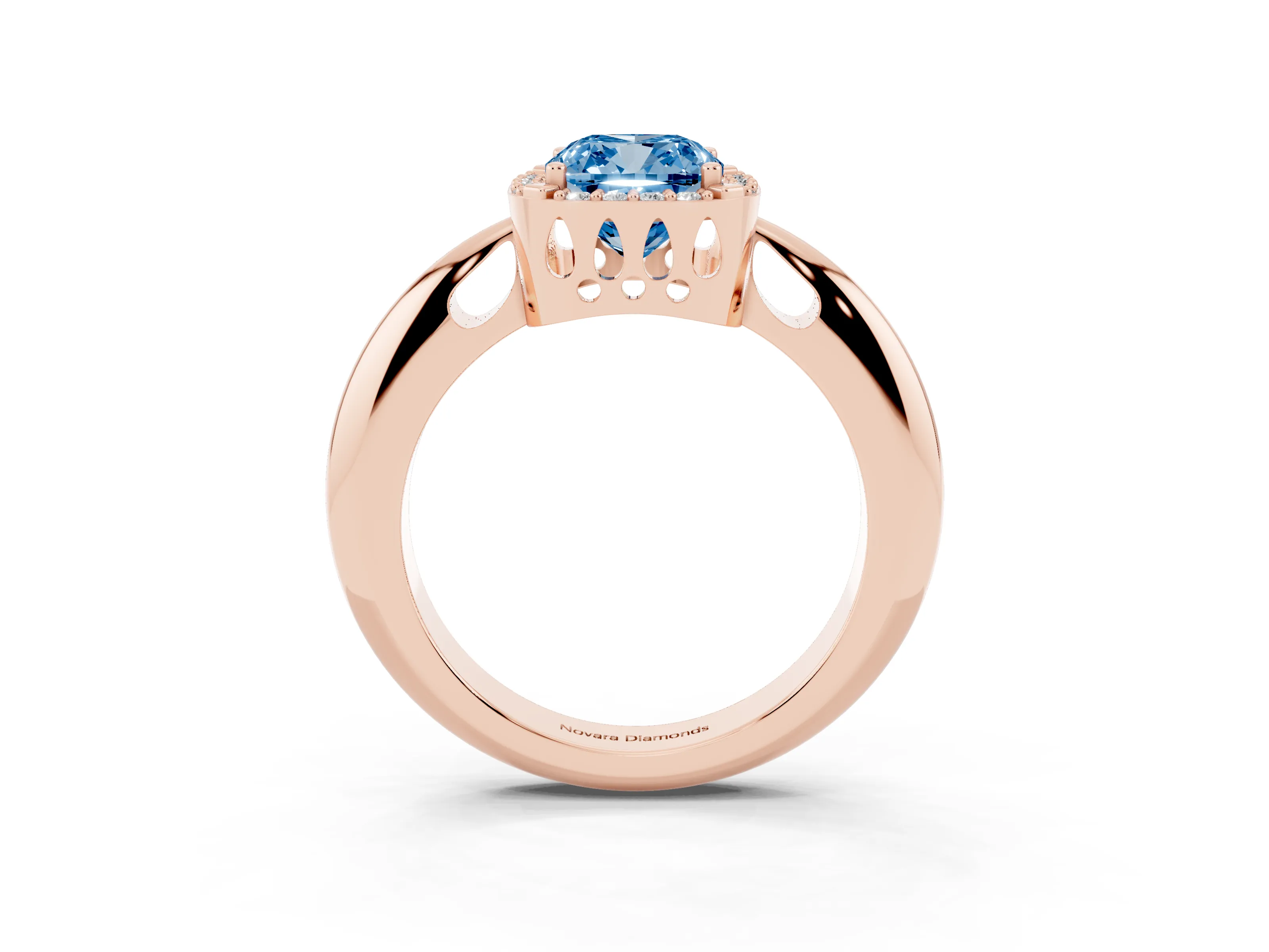 Fancy Blue Cushion Cut Diamond Halo Engagement Ring Set in Rose gold with Plain Split Shank and Prong Setting