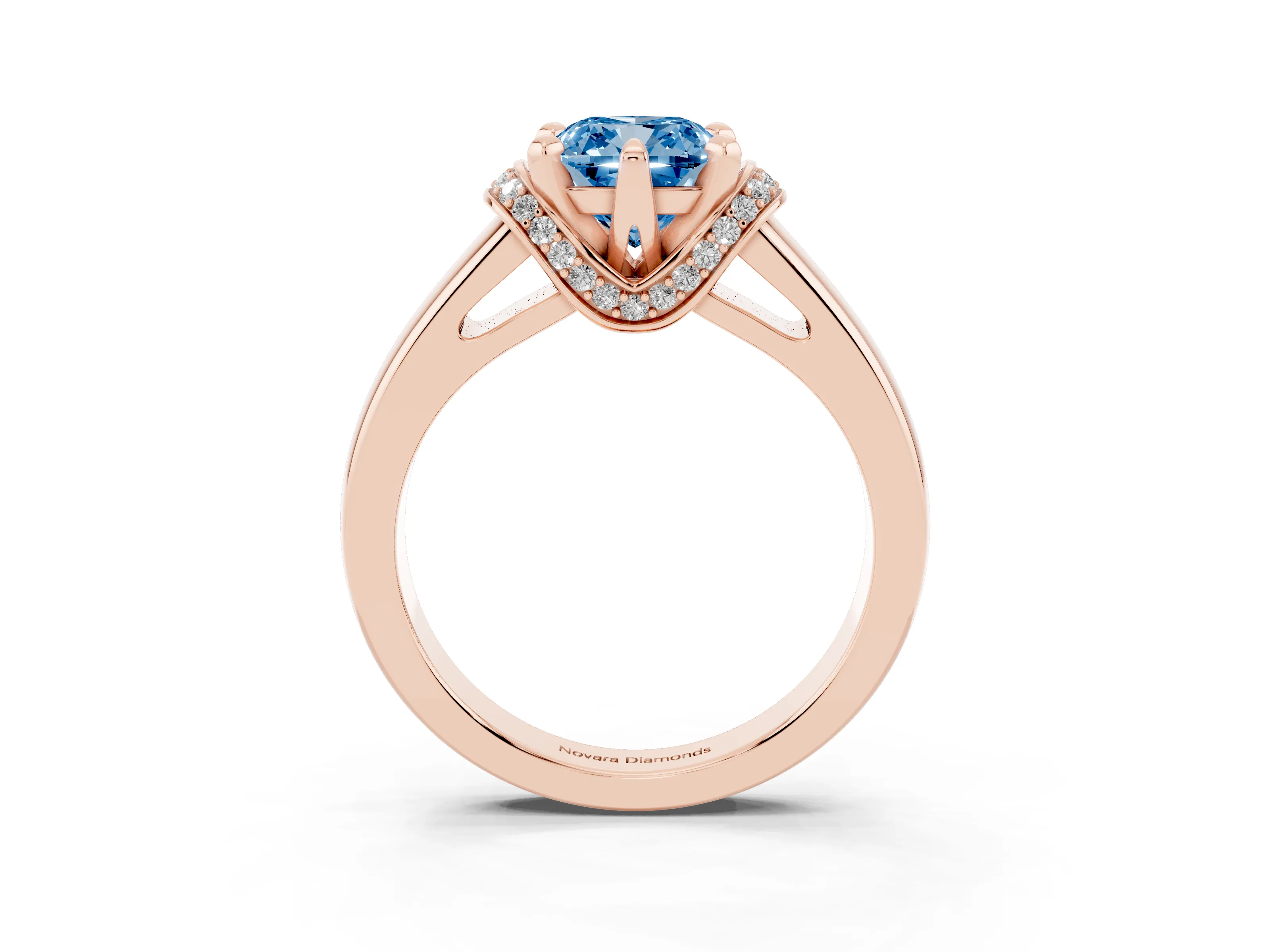 Fancy Blue Cushion Cut Diamond Pavé Band Solitaire Ring Set in Rose gold with Prong Setting