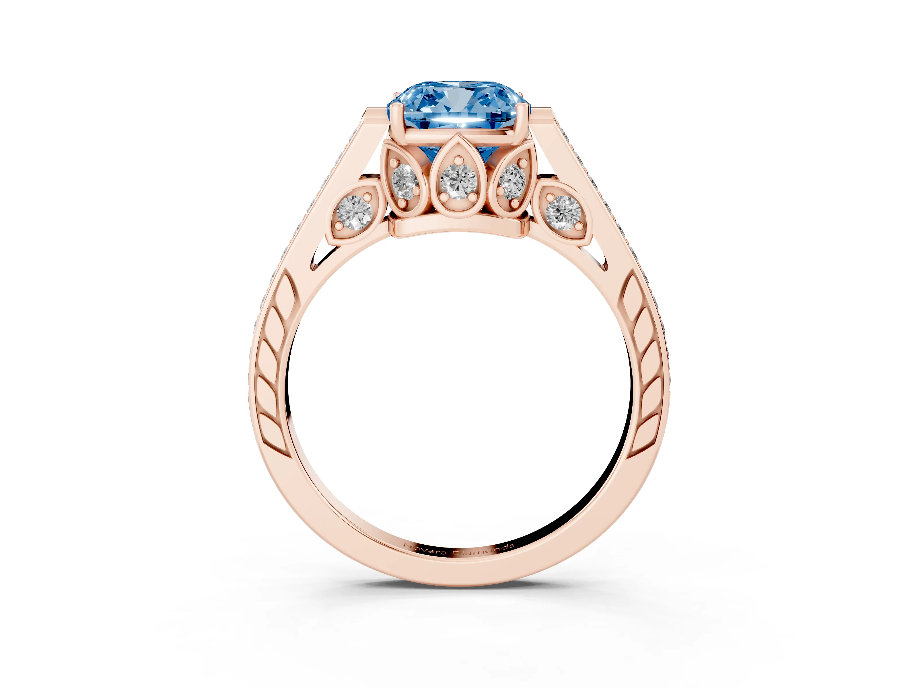 Fancy Blue Cushion Cut Diamond Cathedral Pavé Engagement Ring Set in Rose gold with Prong Setting