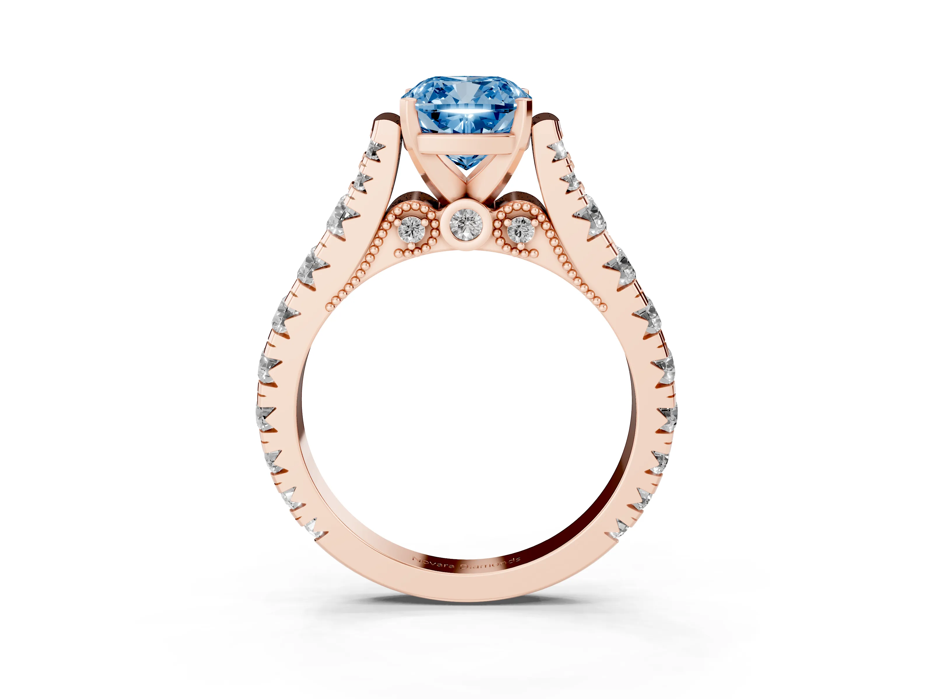 Fancy Blue Cushion Cut Diamond Classic Solitaire Ring Set in Rose gold with Pavé Band and Prong Setting