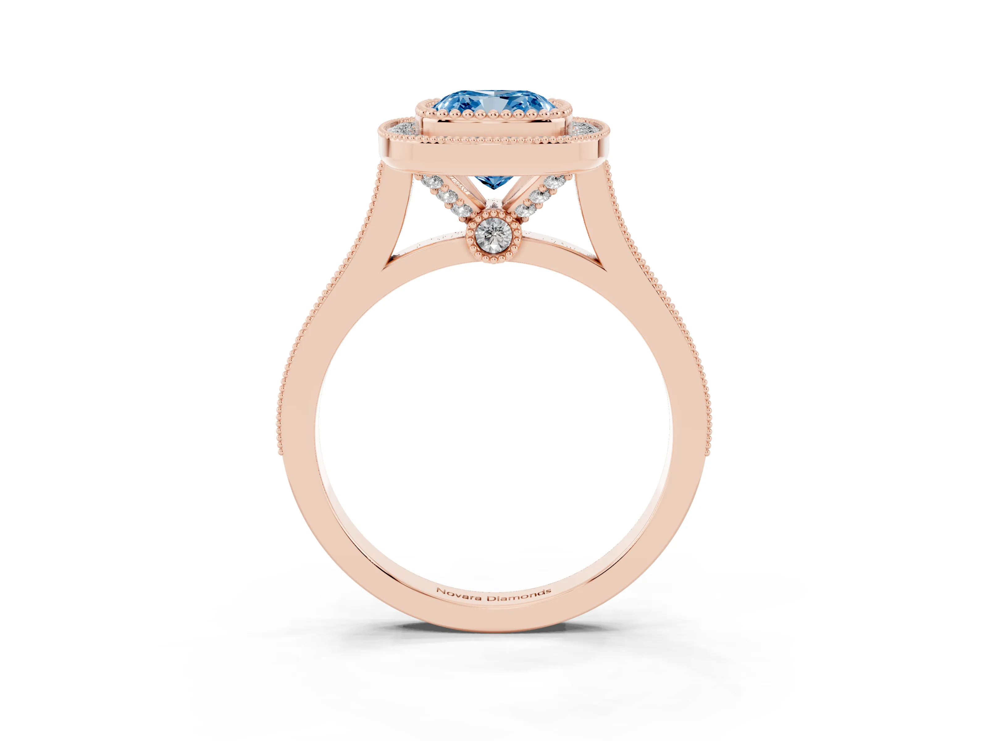 Fancy Blue Cushion Cut Diamond Halo Ring Set in Rose gold with Milgrain Frame and Pavé Band