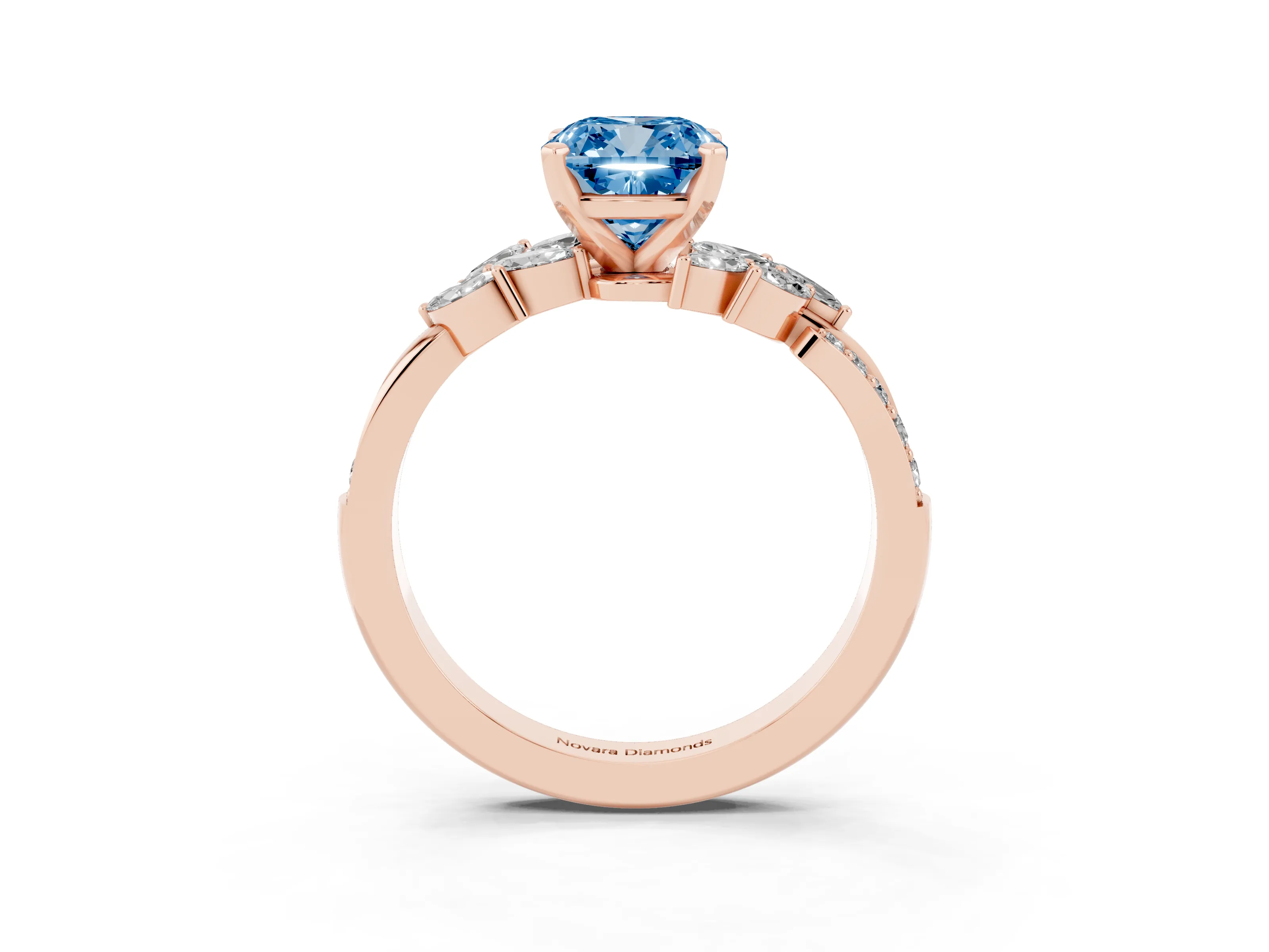 Fancy Blue Cushion Cut Diamond Solitaire Ring Set in Rose gold with Marquise Twist Band and Prong Setting