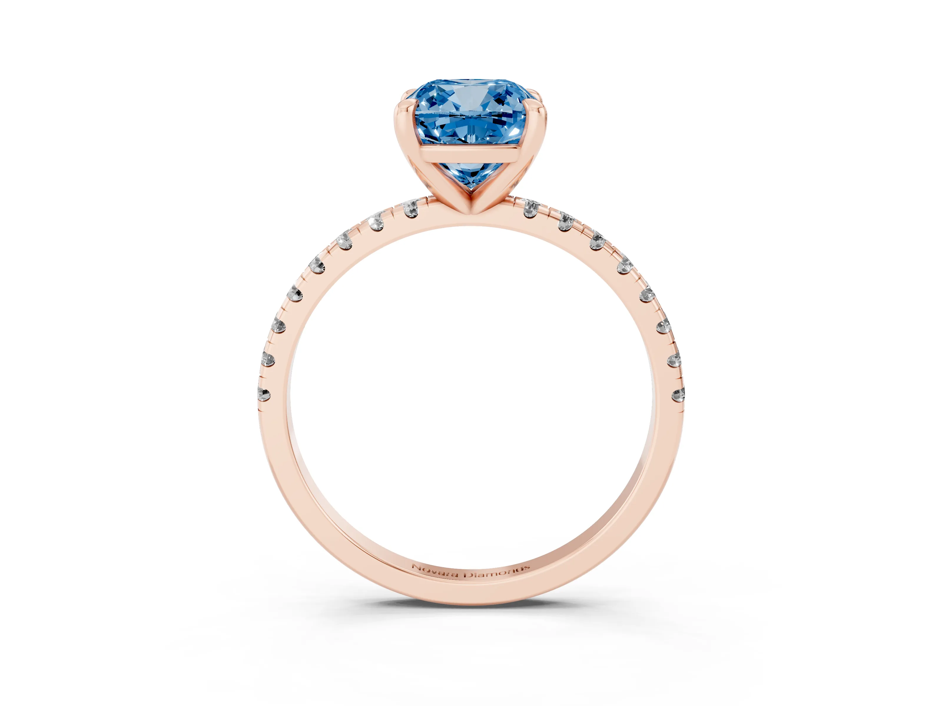 Fancy Blue Cushion Cut Diamond Brilliant Solitaire Ring Set in Rose gold with Pavé Band and Prong Setting