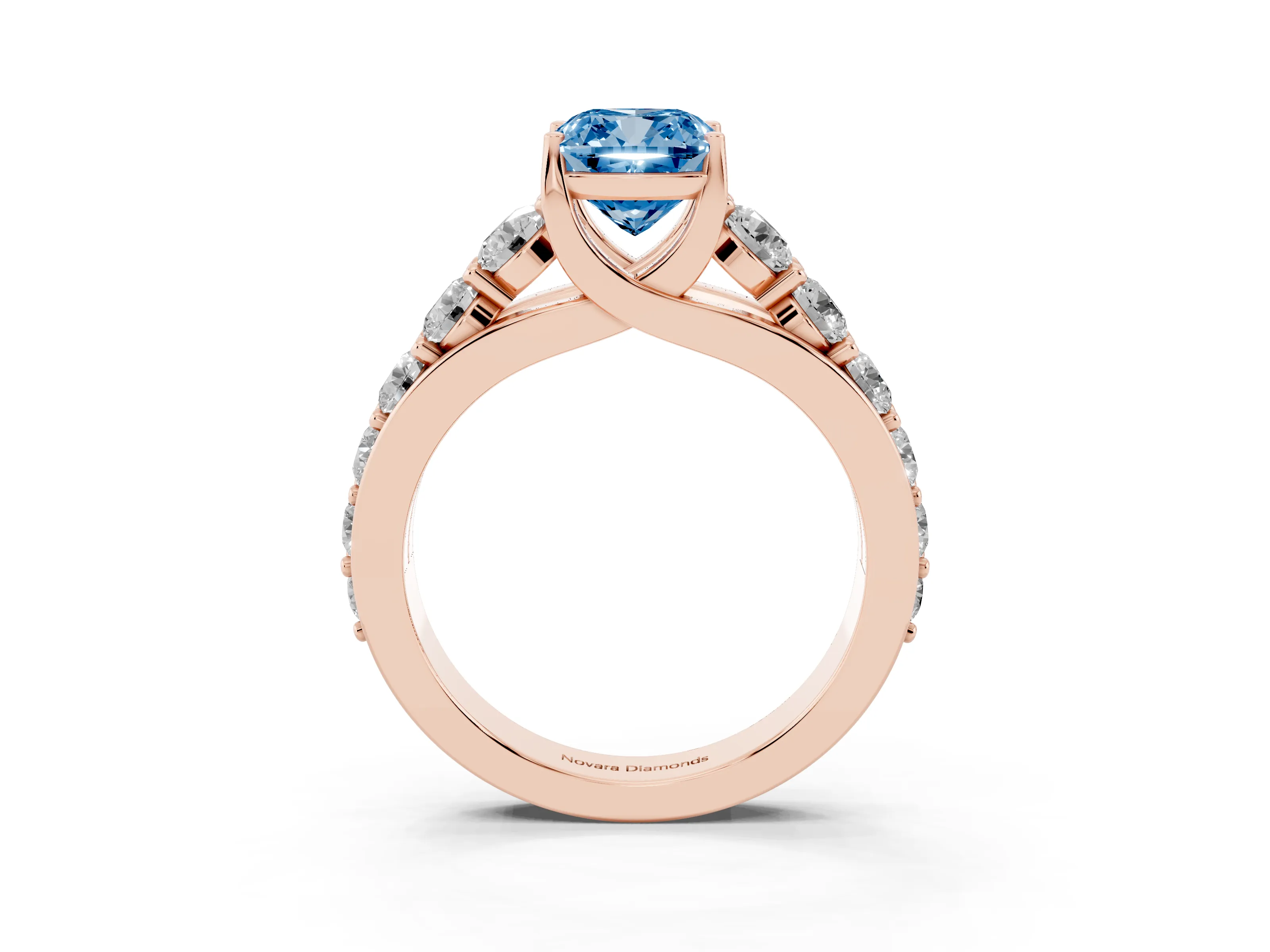 Fancy Blue Cushion Cut Diamond Pavé Engagement Ring Set in Rose gold with Prong Setting