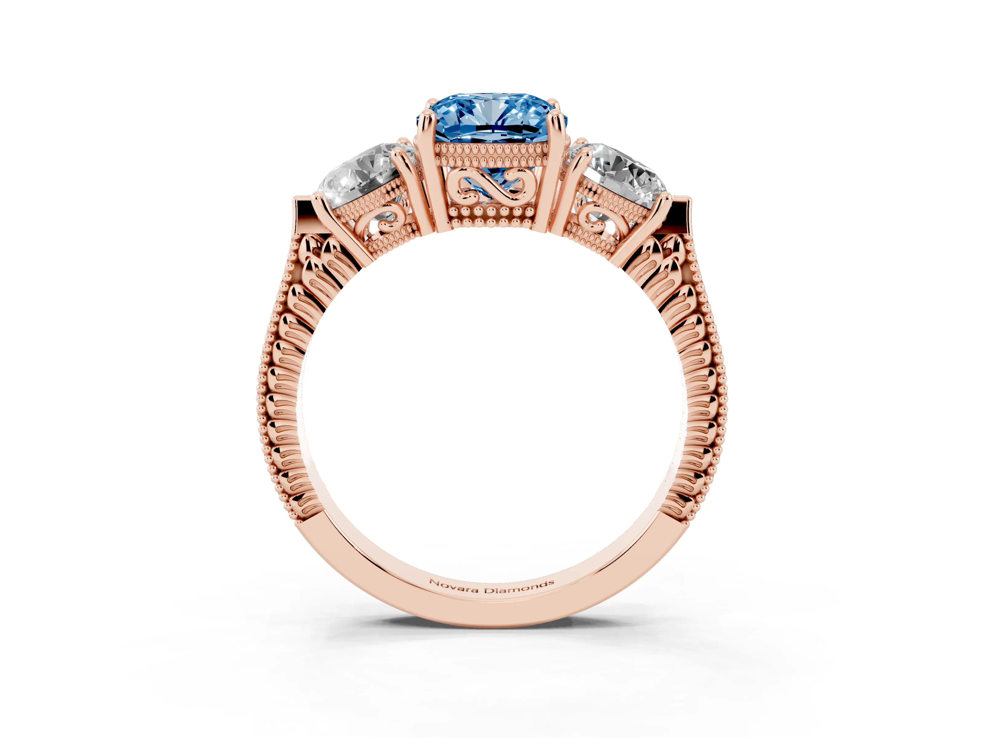 Fancy Blue Cushion Cut Diamond Three-Stone Ring Set in Rose gold with Milgrain Band
