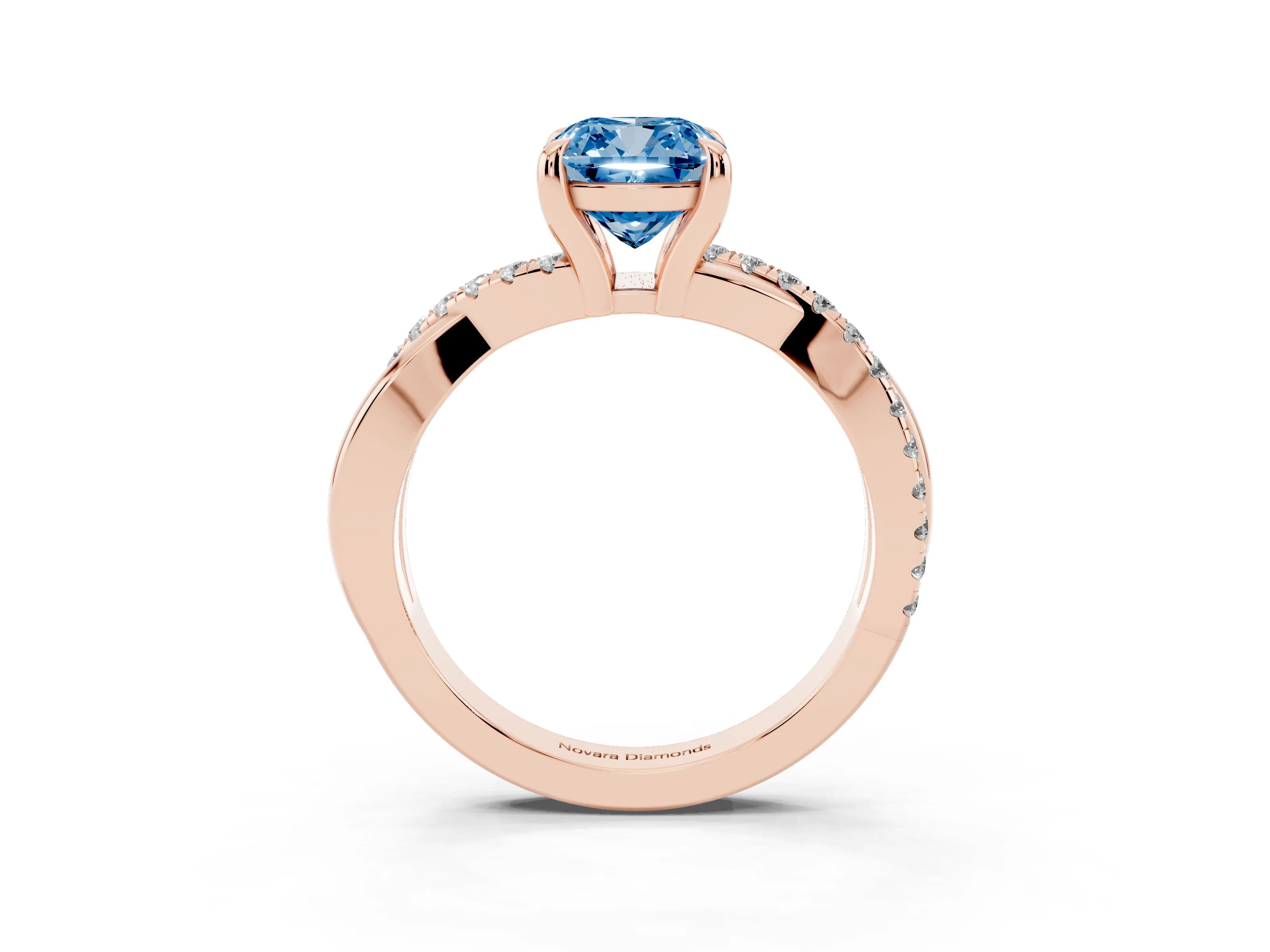 Fancy Blue Cushion Cut Diamond Twist Band Pavé Solitaire Ring Set in Rose gold with Prong Setting