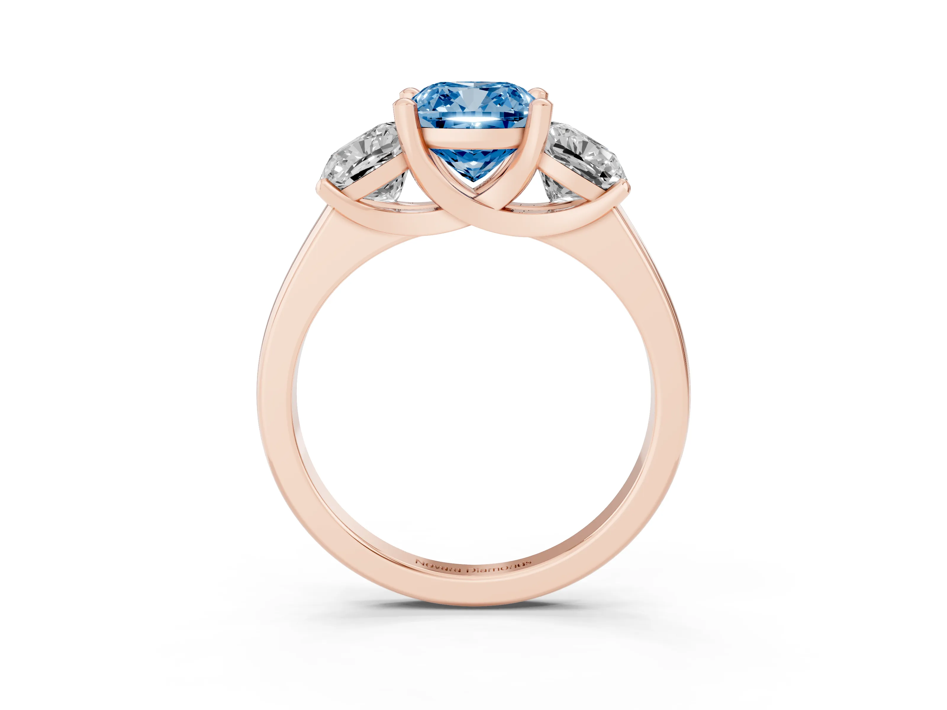 Fancy Blue Cushion Cut Diamond Three-Stone Ring Set in Rose gold with Classic Prong Setting and Plain Band