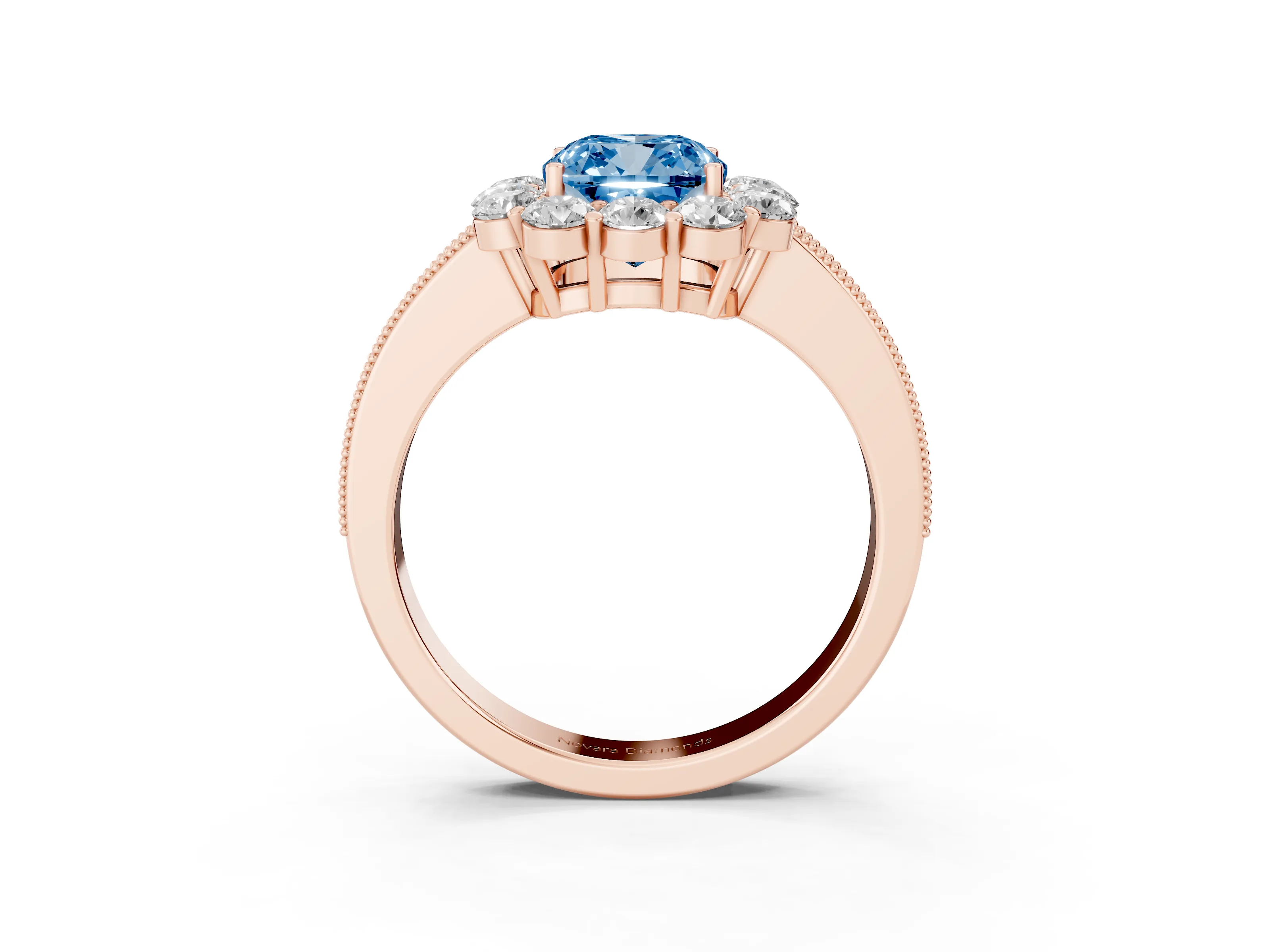 Fancy Blue Cushion Cut Diamond Halo Pavé Engagement Ring Set in Rose gold with Milgrain Detailing