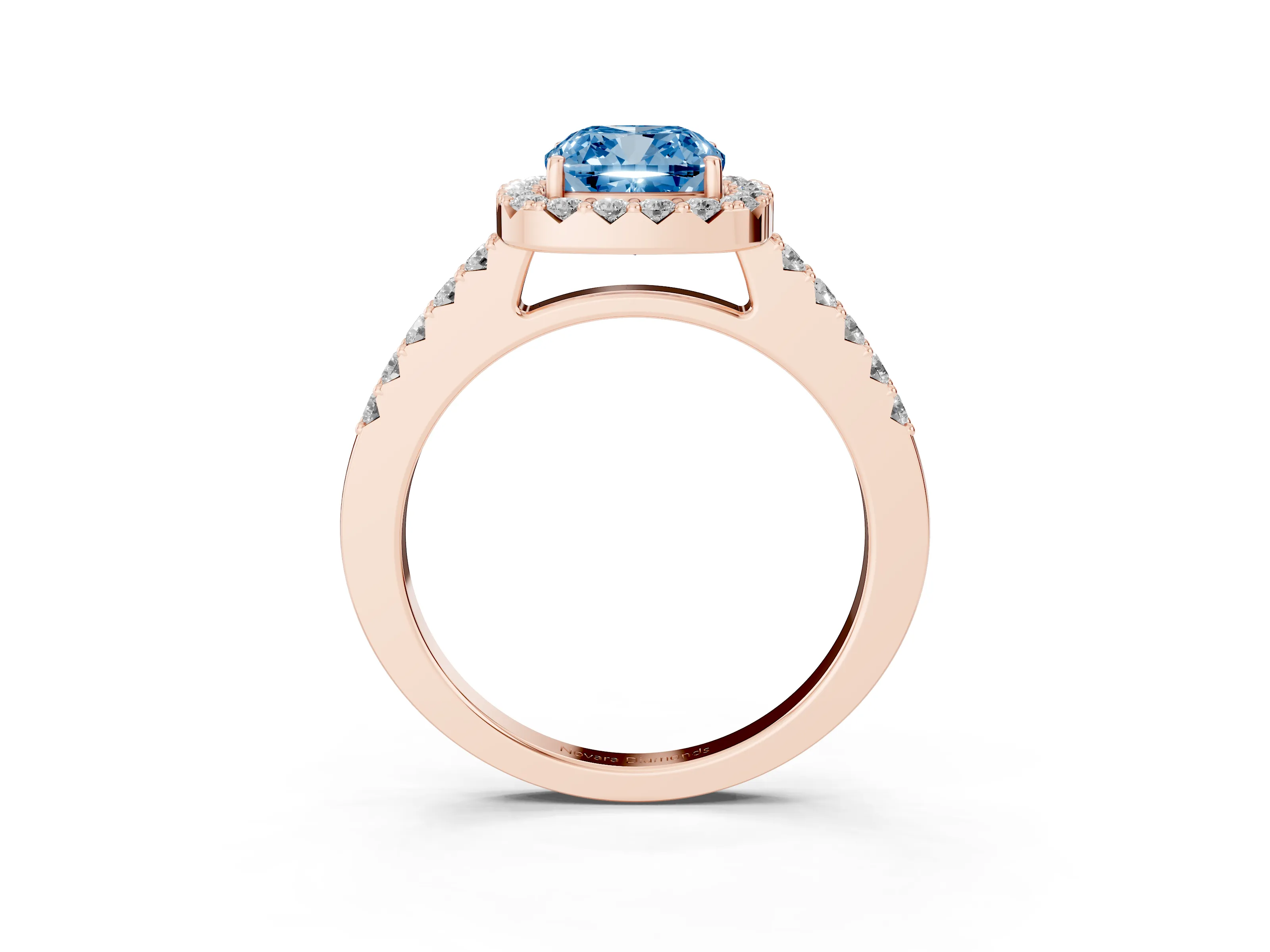 Fancy Blue Cushion Cut Diamond Halo Pavé Solitaire Ring Set in Rose gold with Prong-Set Center Stone