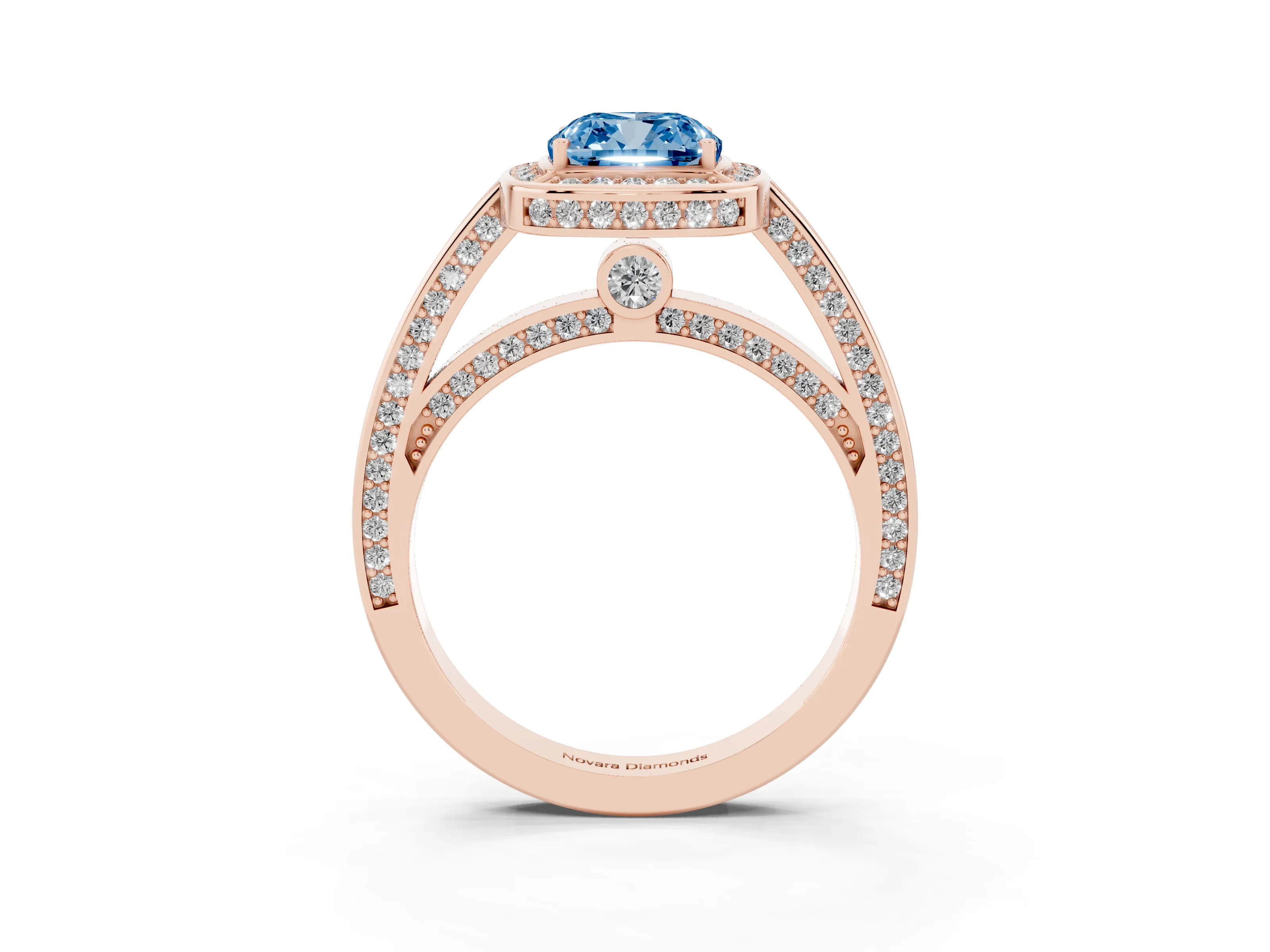 Fancy Blue Cushion Cut Diamond Halo Pavé Split Shank Ring Set in Rose gold with Prong Setting
