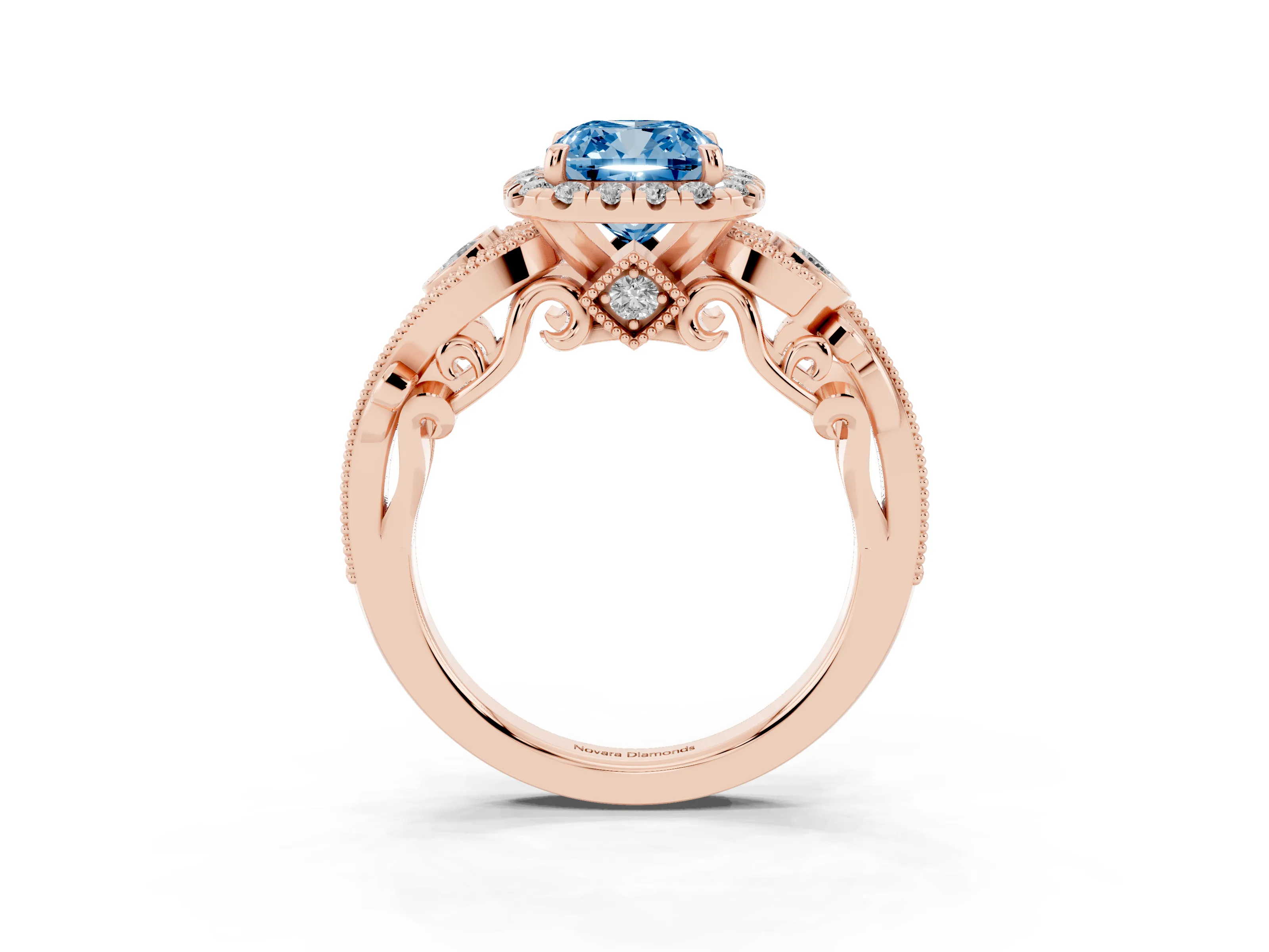 Fancy Blue Cushion Cut Diamond Halo Ring Set in Rose gold with Milgrain Pavé Band and Prong Setting