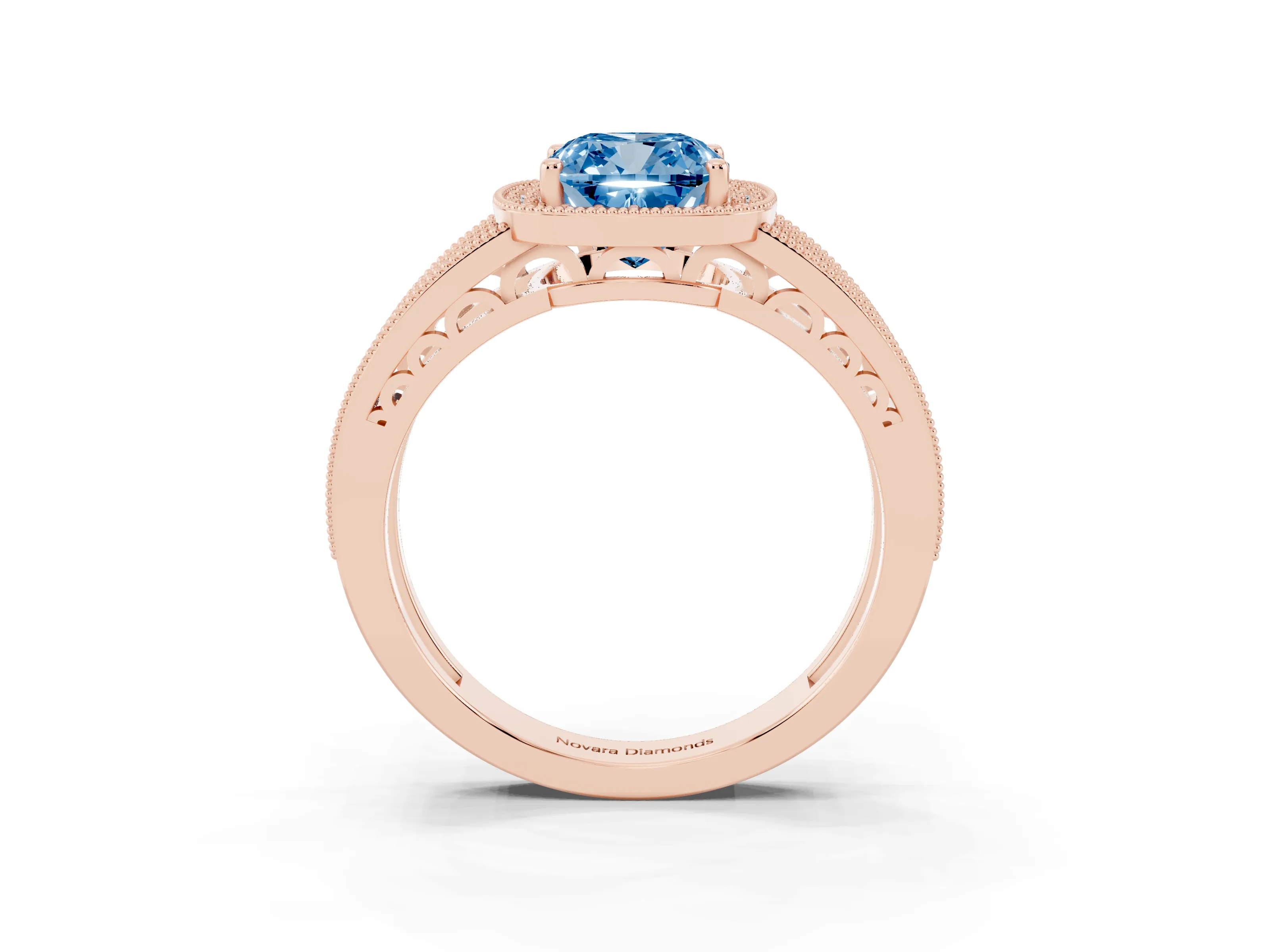 Fancy Blue Cushion Cut Diamond Halo Ring Set in Rose gold with Accent Split Shank and Prong Setting