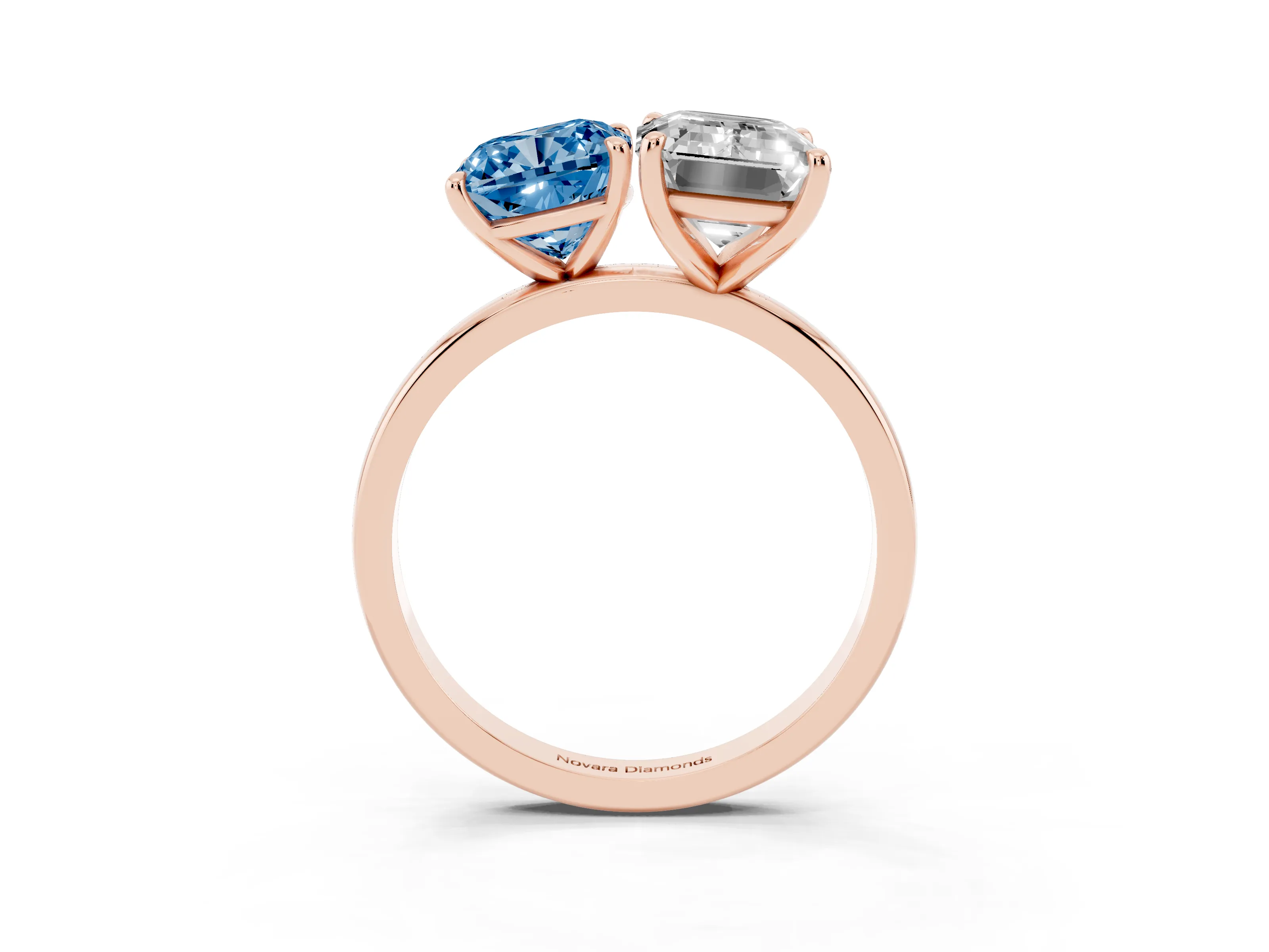 Fancy Blue Cushion Cut and Emerald Cut Toi Moi Ring Set in Rose gold with Prong Setting