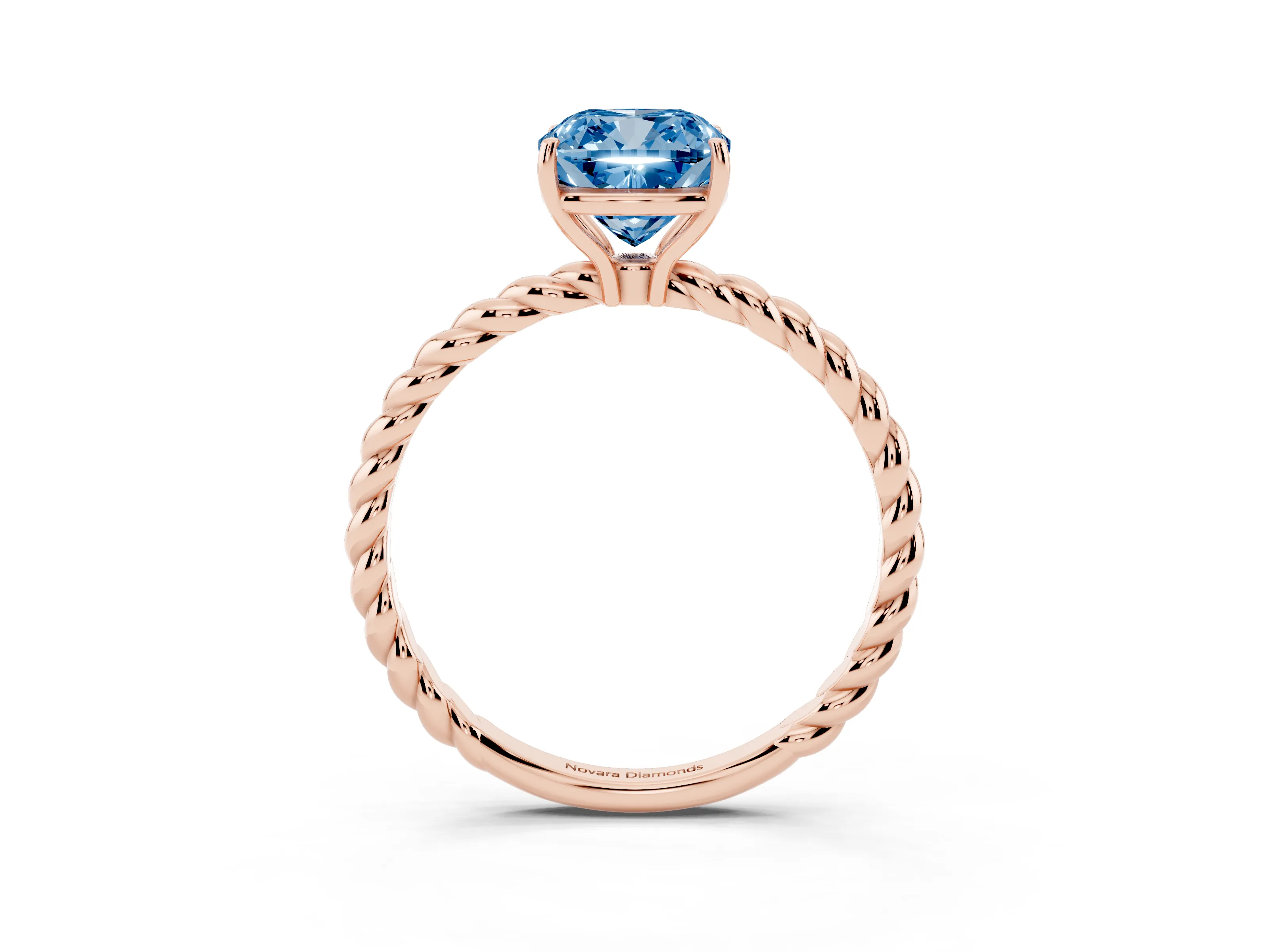Fancy Blue Cushion Cut Diamond Solitaire Ring Set in Rose gold with Twist Band and Prong Setting